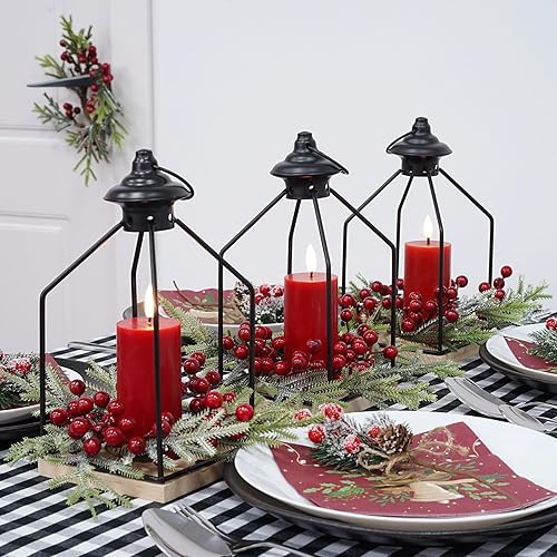 Miniatura 6 de Rhytsing Centros de mesa de Navidad, farol decorativo de 10 pulgadas de alto con cera real, vela LED roja sin llama y anillo de vela de cedro de