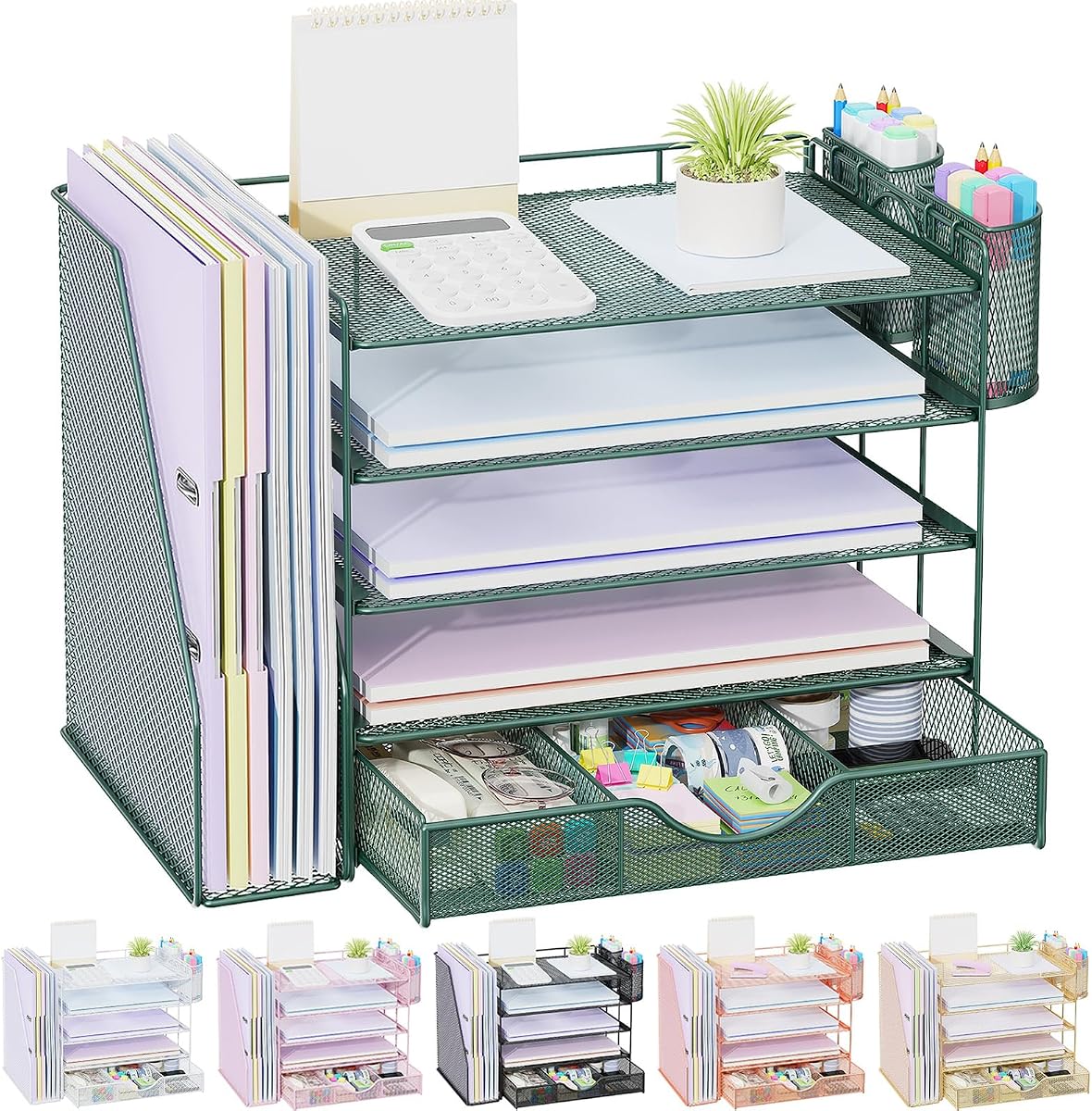 gianotter 5-Tier Desk Organizer with Drawers and File Holders | Letter Trays and Pen Holders - Workspace Accessories for Office Supplies (Green)