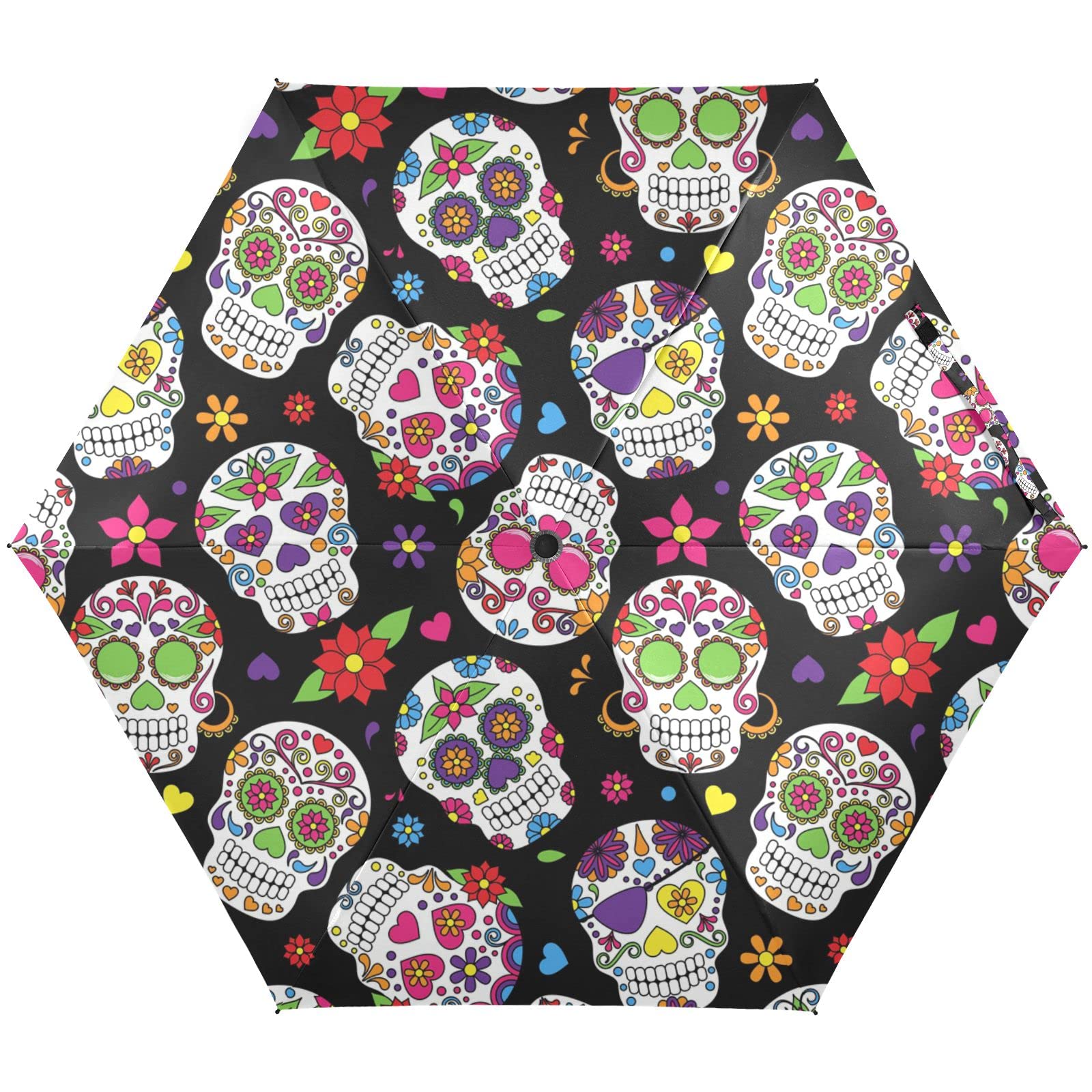 MRMIANDay Of The Dead Sugar Skull Halloween Folding Umbrella for Rain Sun Travel Mini Lightweight Compact Umbrellas
