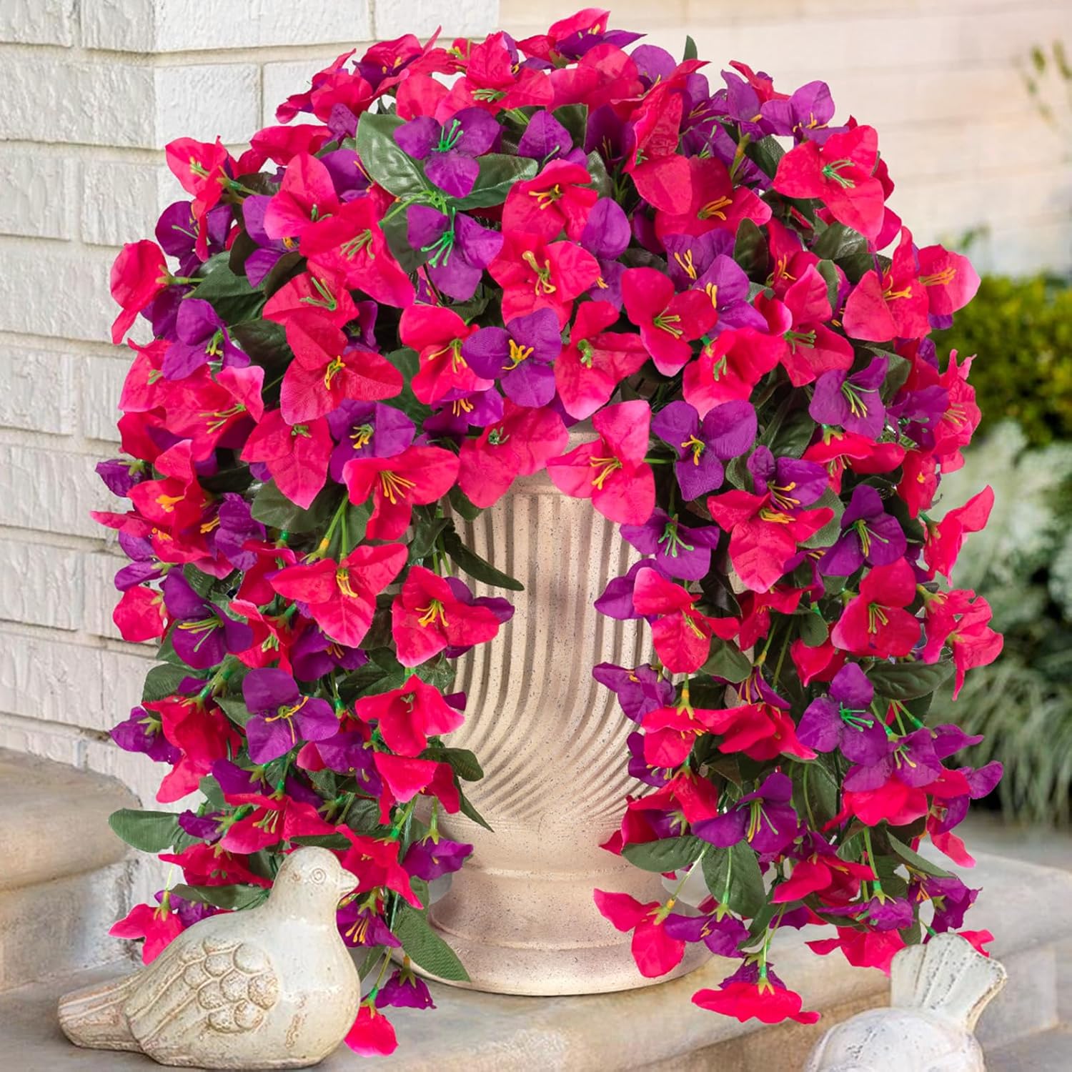2 pcs Artificial Faux Bougainvillea Flowers Plants for Outdoor Outside Summer Decoration, Fake Silk UV Resistant Long Trailing Vines for Front Door Porch Planter Balcony (Rose Deep Lotus)