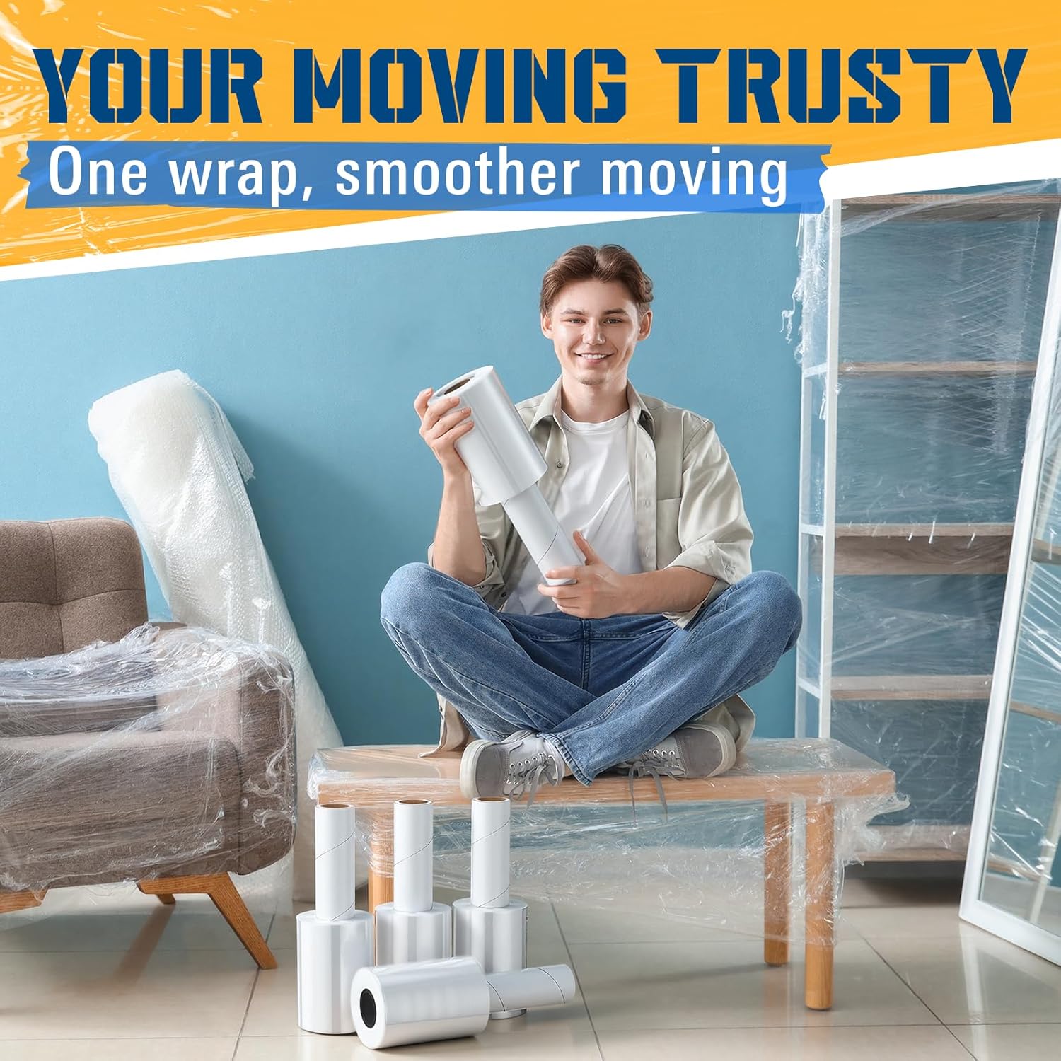 Frienda 12 Pcs 4 Inch Plastic Stretch Wrap Film Roll 500ft Clear Mini Moving Plastic Wrap Roll with Handle 80 Gauge Shrink Wraps Industrial Strength Shrink Film for Moving, Packing, Self Adhering