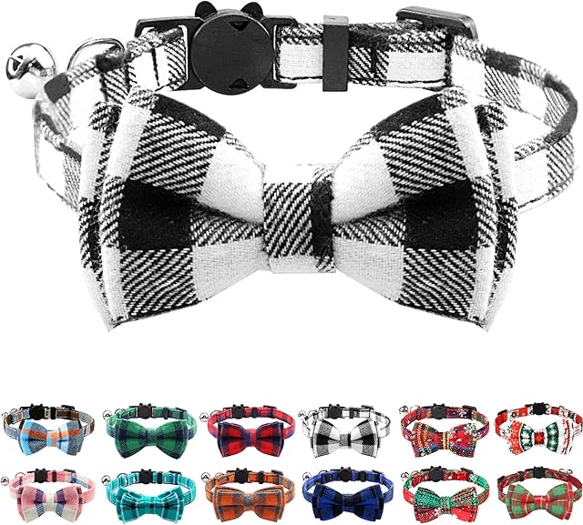 Joytale Cat Collar with Bell and Bow Tie, Quick Release Safety Collars for Kitten and Cats, Soft Tartan Collar, 1 Pack, Black