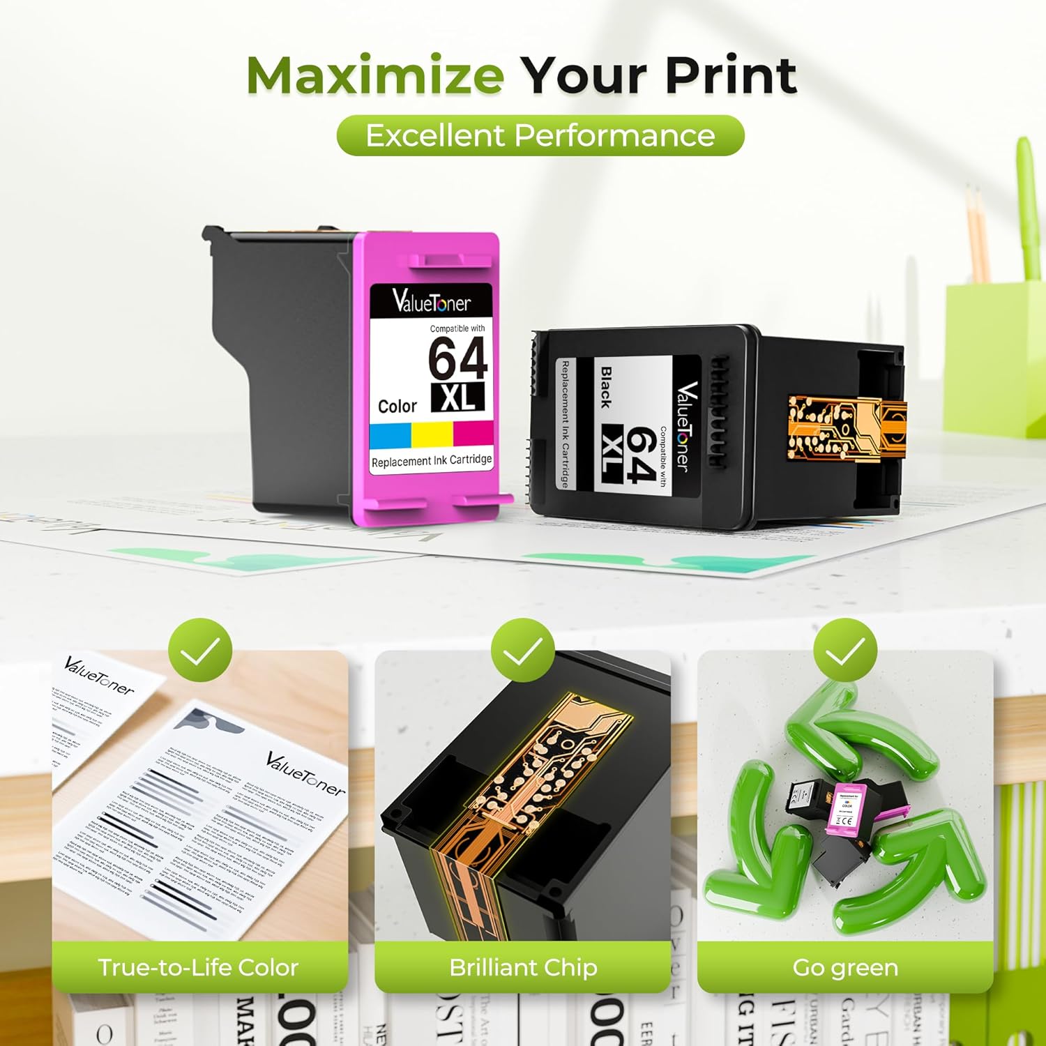 64XL Ink Cartridge Combo Pack for HP 64 HP64xlblack and Color Combo Pack | HP64 Works for HP Envy Inspire 7955e 7958e 7255e Photo 7155 7858 7155 7100 7800 7900 7855 6222 Tango (2Pack) thumbnail
