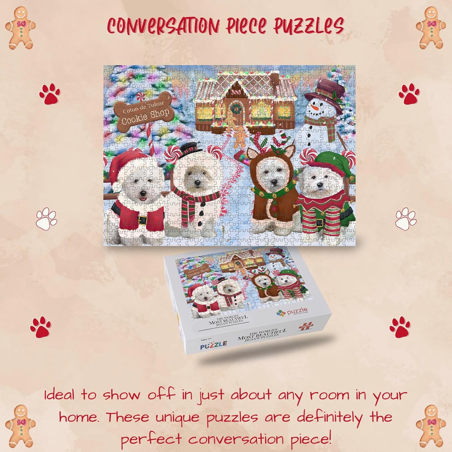 Christmas Gingerbread Cookie Shop Coton De Tulear Dogs Jigsaw Puzzle for Adults - Animal Printed Interlocking Puzzle Game Artwork - Gift for Dog Lover's- 500 Pcs 14"x20"
