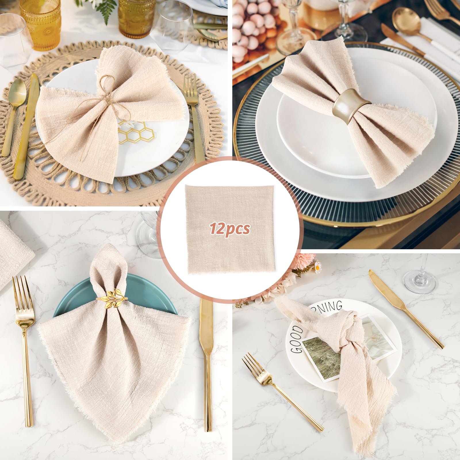 12 Stück Stoffservietten Beige mit Fransen, 45x45cm Leinenservietten, Baumwolle Servietten Stoff, Tischservietten Stoff mit 10m Schnur für Familienfeiern, Hochzeiten, Geburtstage Drogerie & Körperpflege