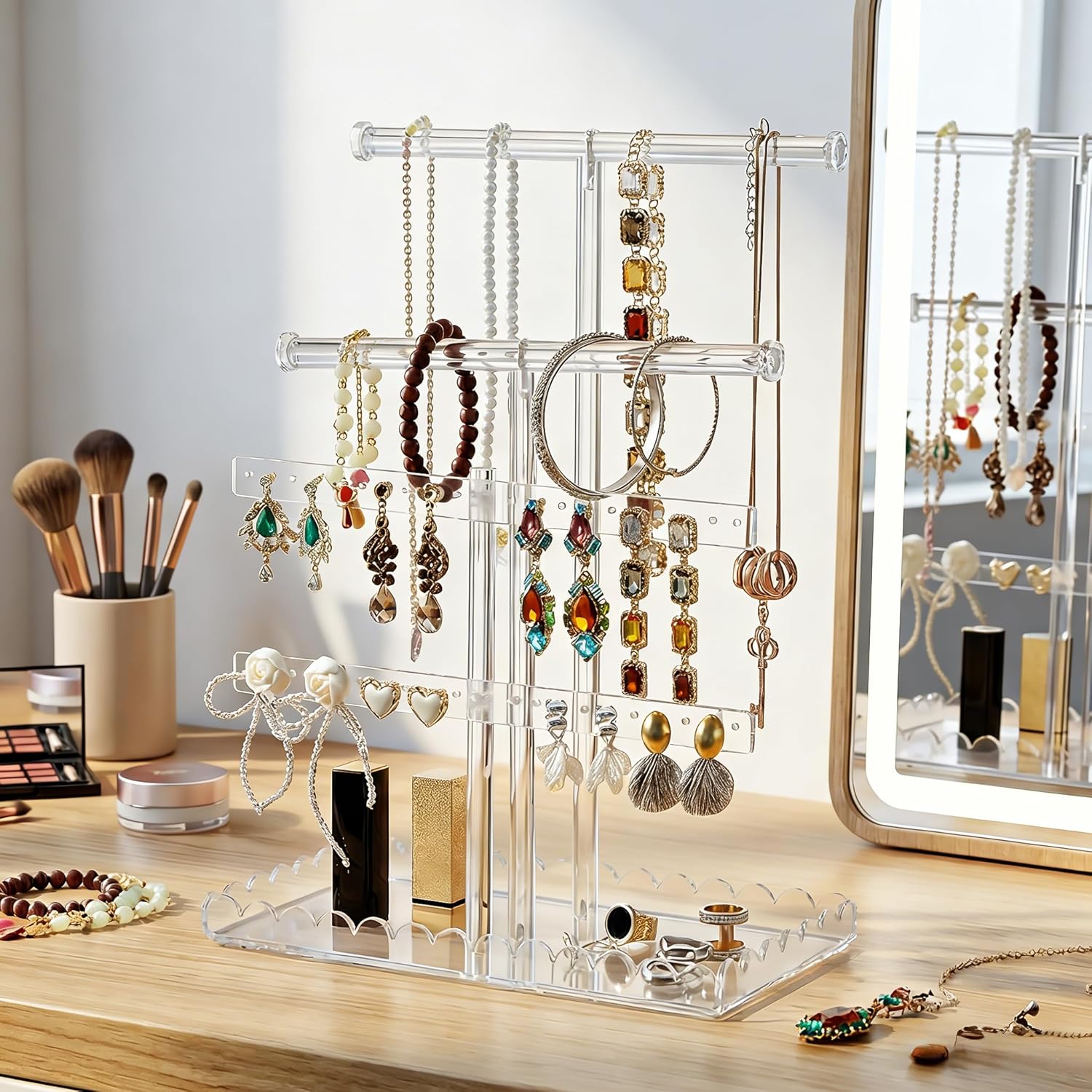 Gold Acrylic Organizer Set: Adjustable Height Purse Stand & 14" Tall Necklace Holder for Handbags, Jewelry & Accessories