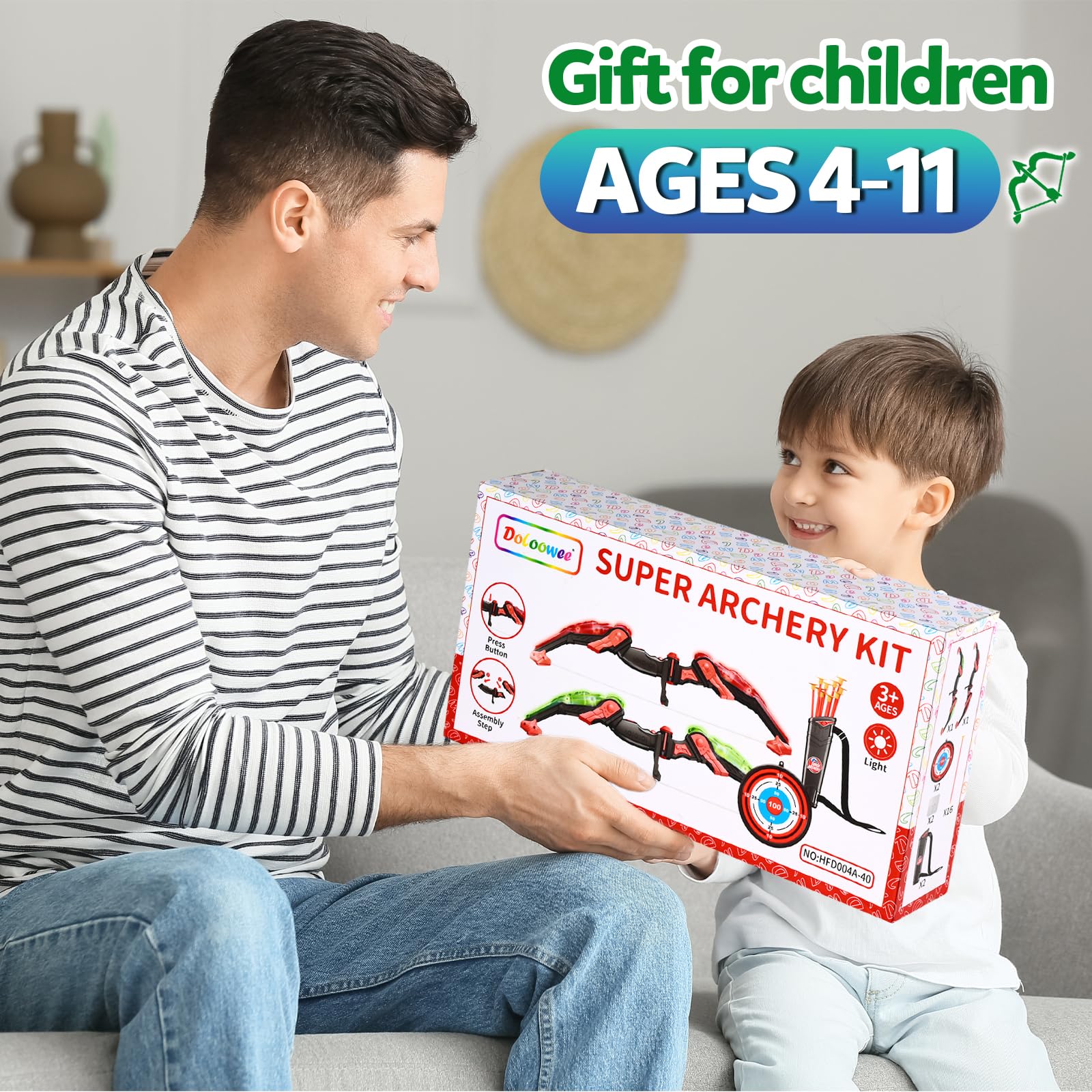 Doloowee Arco e Freccia per Bambini Giocattoli con Luce LED Set Tiro con L'Arco 8 Frecce a Ventose Bersaglio Faretra Spalla
