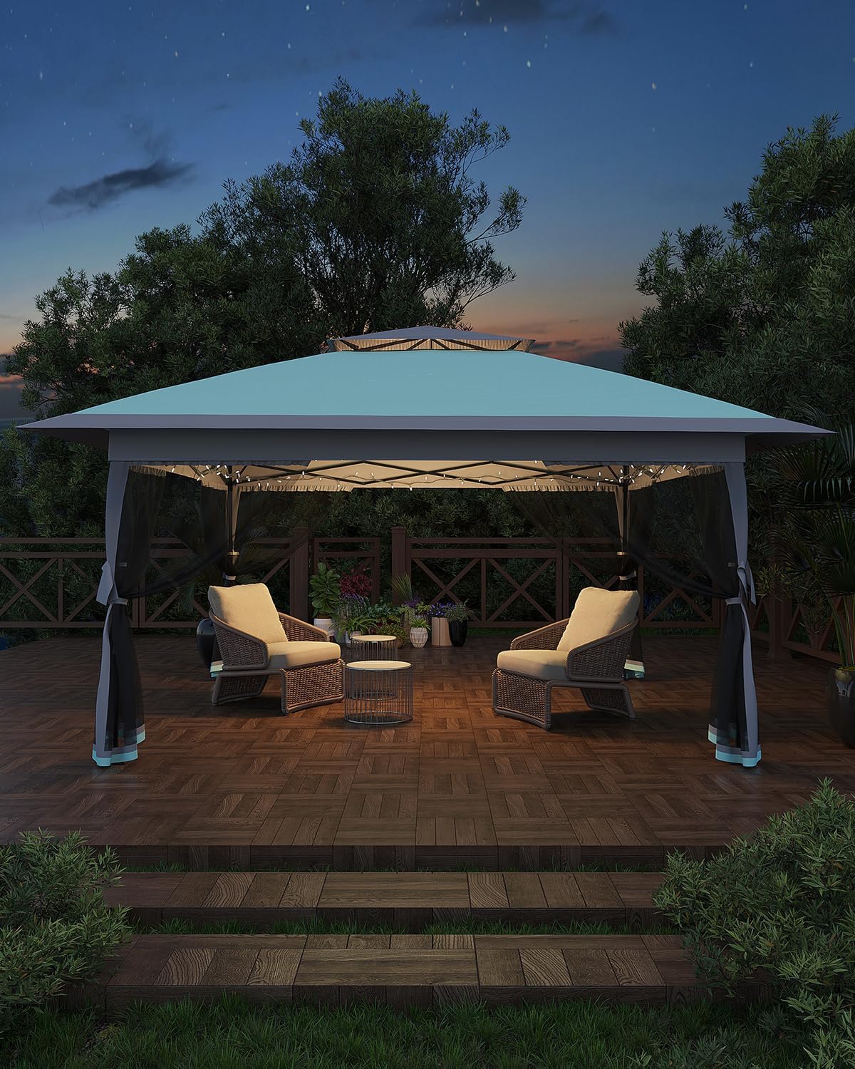 Garvee Carpa Plegable con Mosquitera Cenador de Jardín Impermeable con Cierre Central de Un Botón para Terraza Camping y Eventos al Aire Libre, 4 Sacos de Arena, 366x366 cm, Azul Claro y Gris