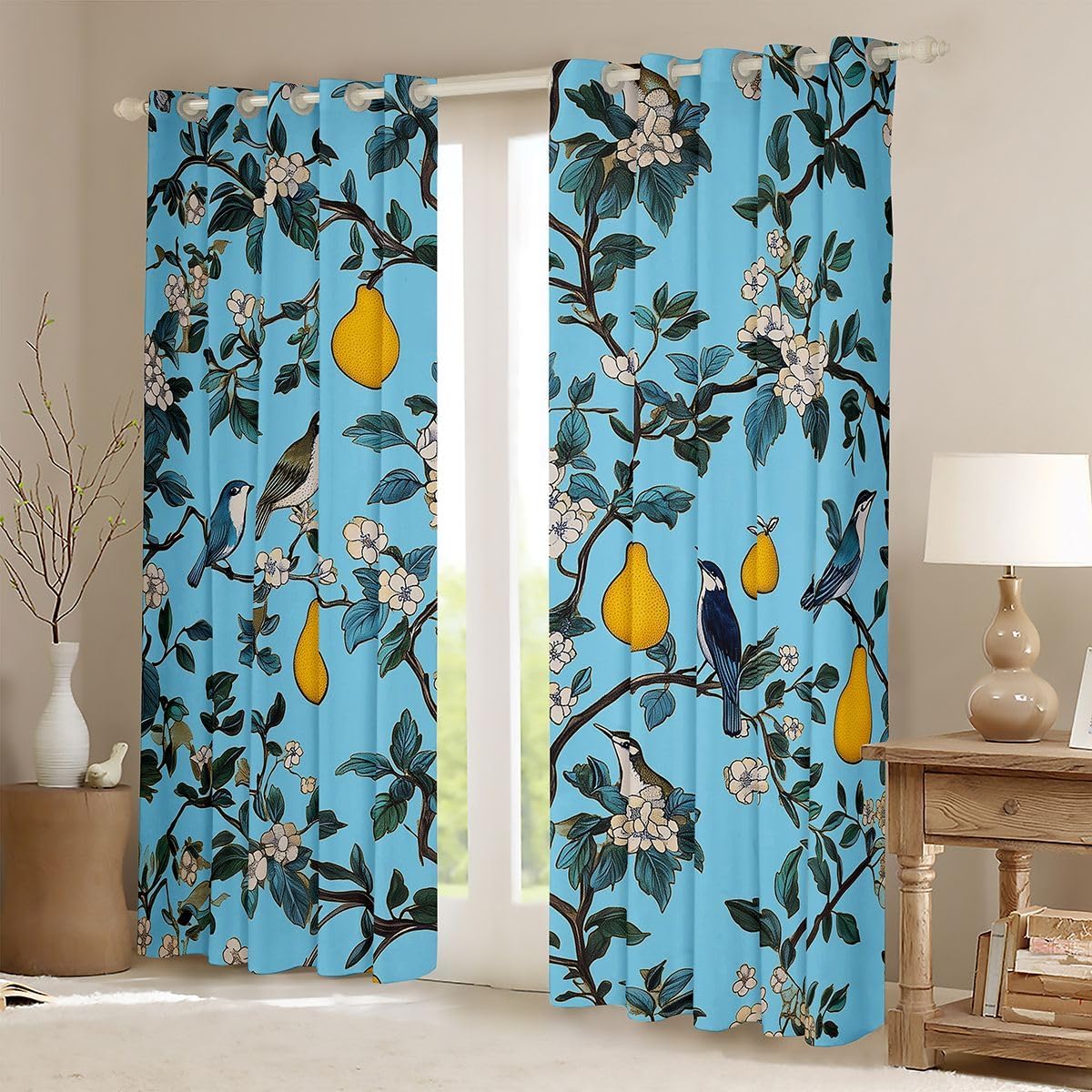 Feelyou Tree Branches Blackout Curtains Botanical Darkening Drapes for Bedroom Living Room Decor Nature Theme Thermal Insulated Shades Pear Window Treatments, 2 Panels 52 x 96 Inch Blue