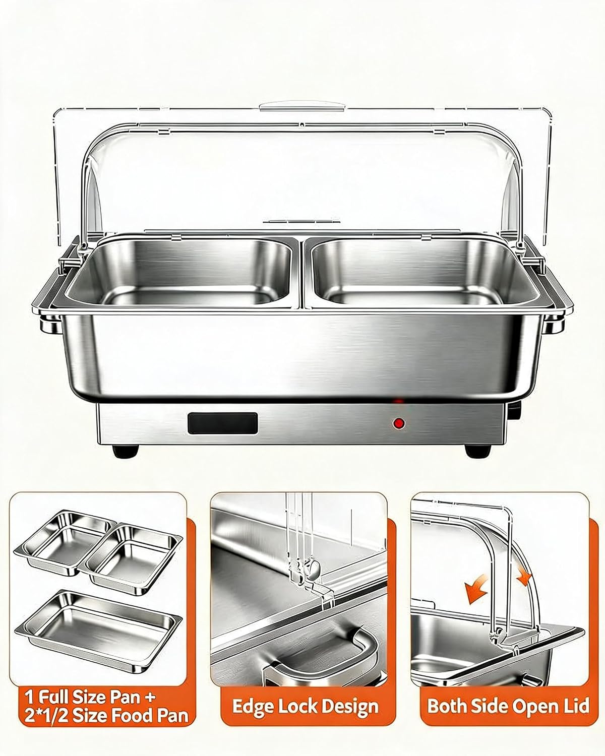 Takywep Rectangular Chafing Dish Electric Buffet Set with Temperature Control, 9QT Stainless Steel Food Servers and Warmers with 1 Full-Size Pan & 2 Half-Size Pan for Catering Wedding and Parties