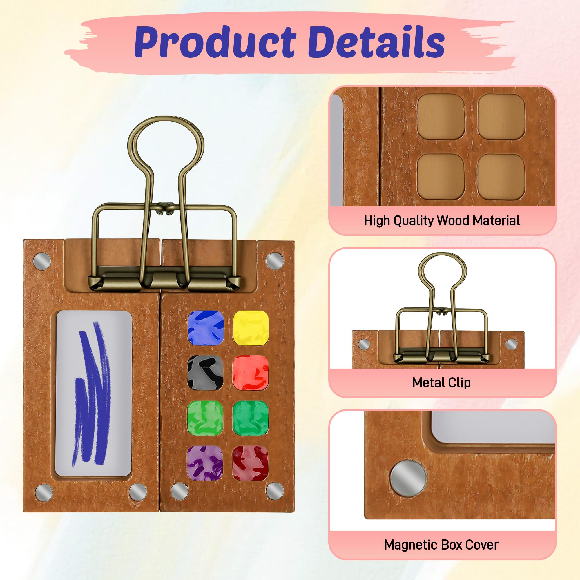 Huiguli Mini Set di Acquerelli da Viaggio, Tavolozza in Legno con 8 Scomparti & Clip Metallica e 12 Colorati, Regalo per Pittori, Artisti e Studenti