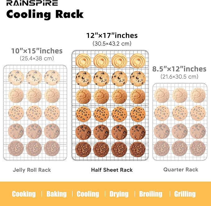 Rainspire Cooling Rack Stainless Steel, Heavy Duty Cooling Racks for Cooking and Baking, Oven Safe Wire Rack for Cooking, Baking Rack for Oven Cooking Fits Half Sheet Cookie Pan, 12" x 17", 2-Pack