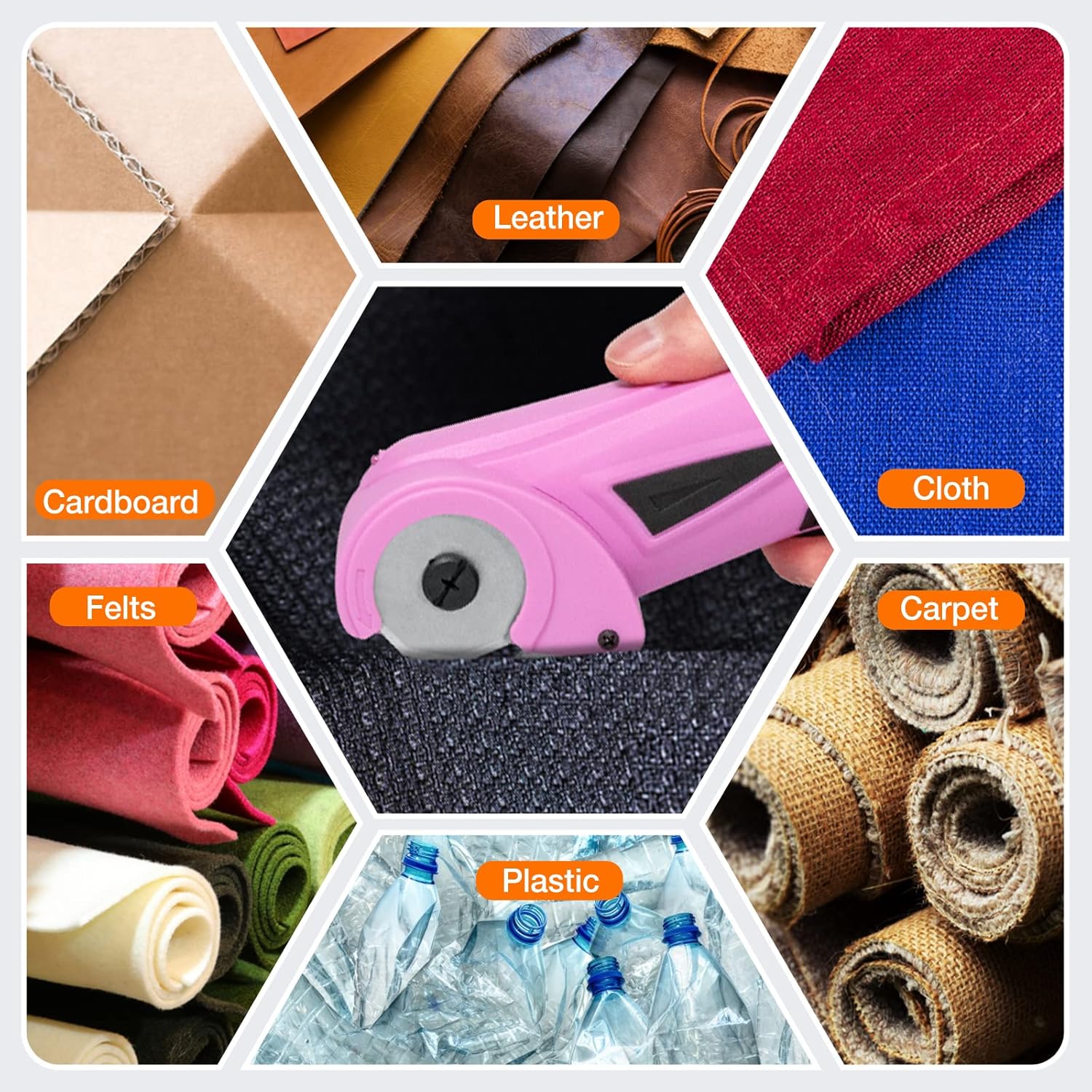 Collage of different materials including cardboard, leather, cloth, felts, carpet, and plastic, indicating the versatility of the electric scissors.