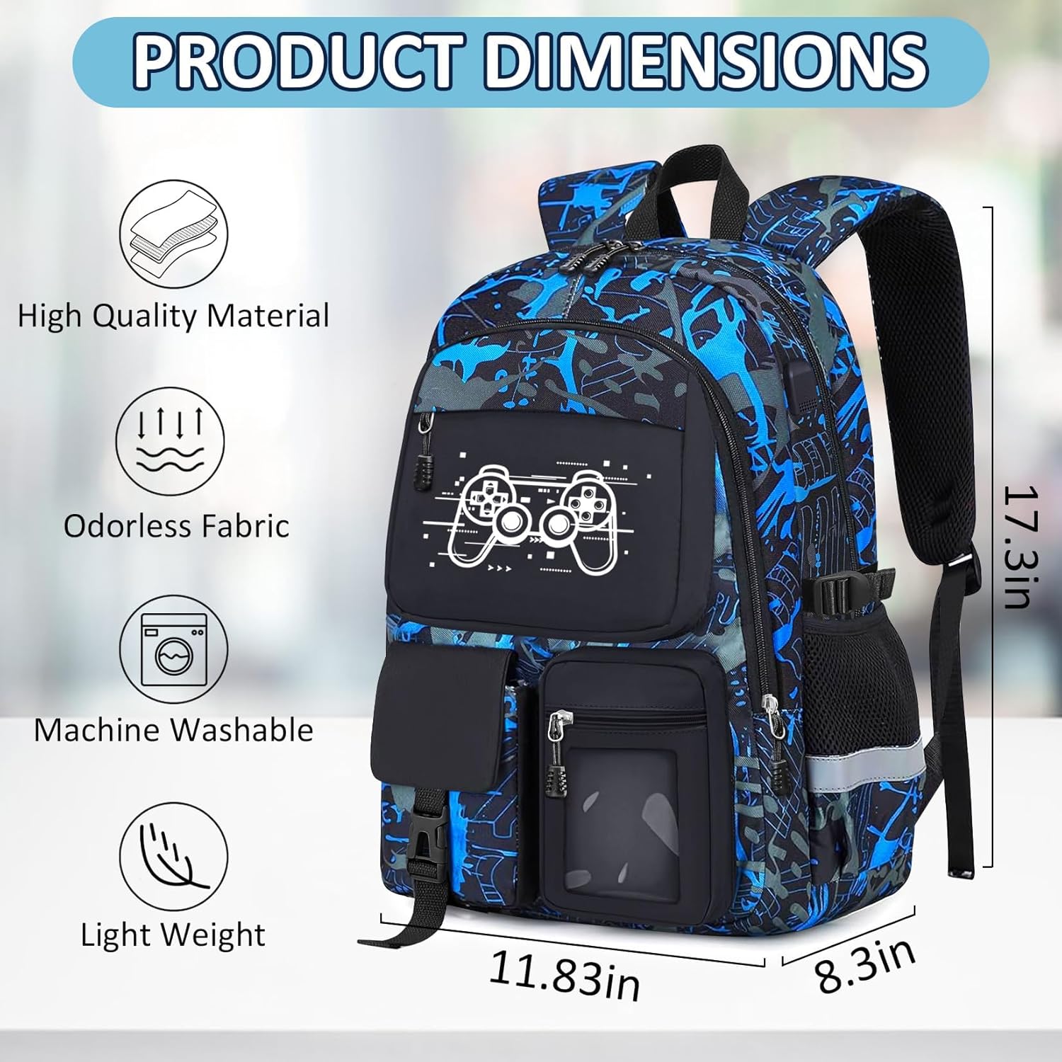School Backpack for Boys - Gamer Boys Backpack for Kids Children Teens Elementary Middle School Students - 18" Large Capacity School Bookbag with Multiple Pockets