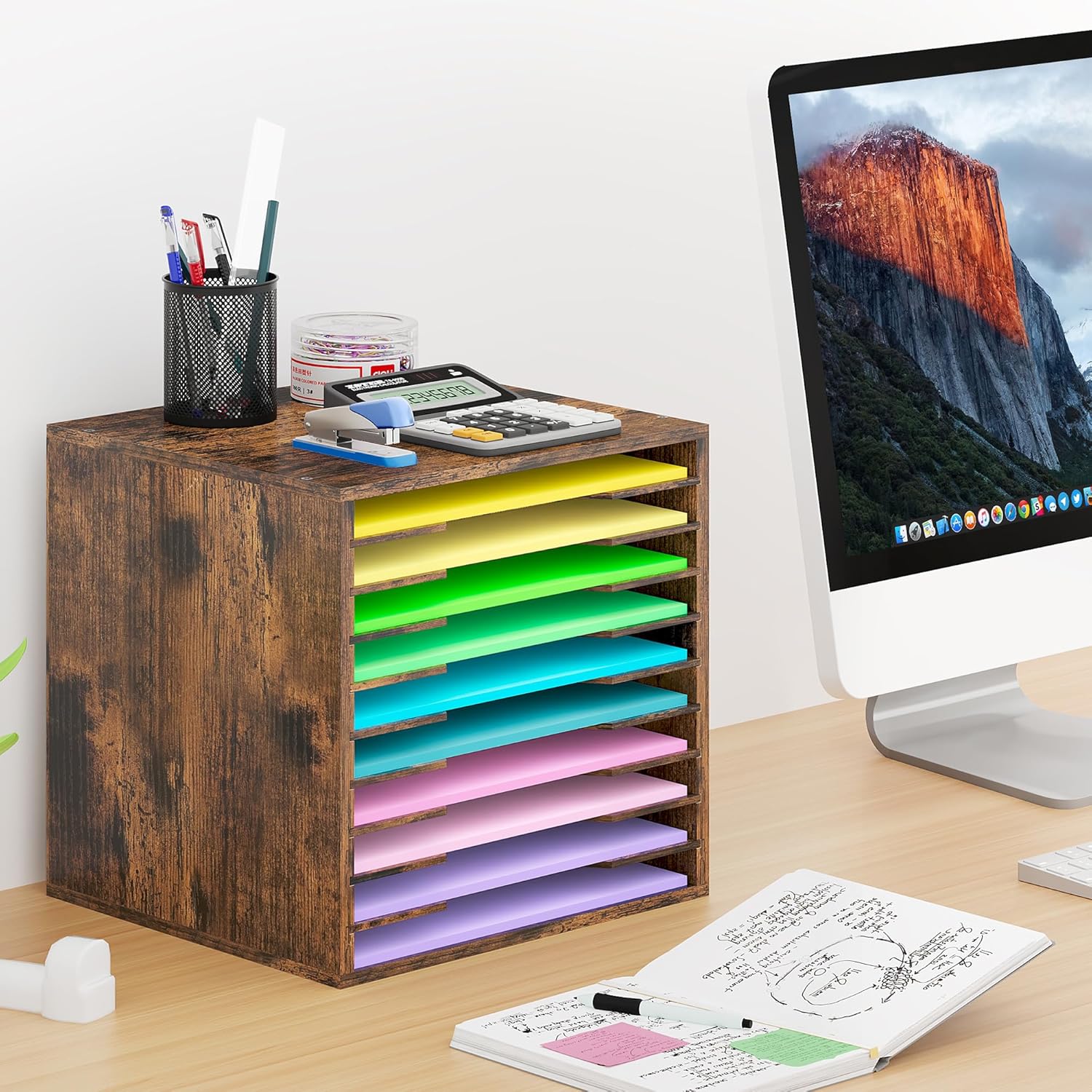 EasyPAG Scrapbook Paper Storage Organizer for Craft Room, 12x12 Paper Storage Desk Shelf, 10 Slot Adjustable File Sorter for Office School Classroom, Antique - Image 7