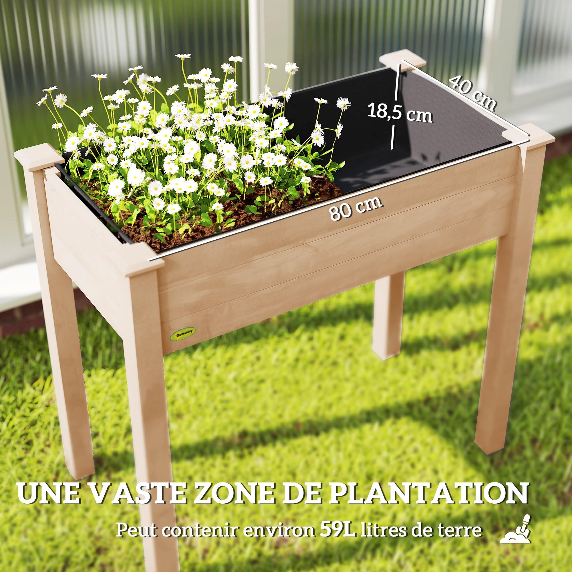 Outsunny Jardinière sur Pieds Potager dim. 86L x 46l x 76H cm Inserts d'irrigation + Feutre de Drainage Inclus Bois Massif Sapin, Effet Bois Naturel