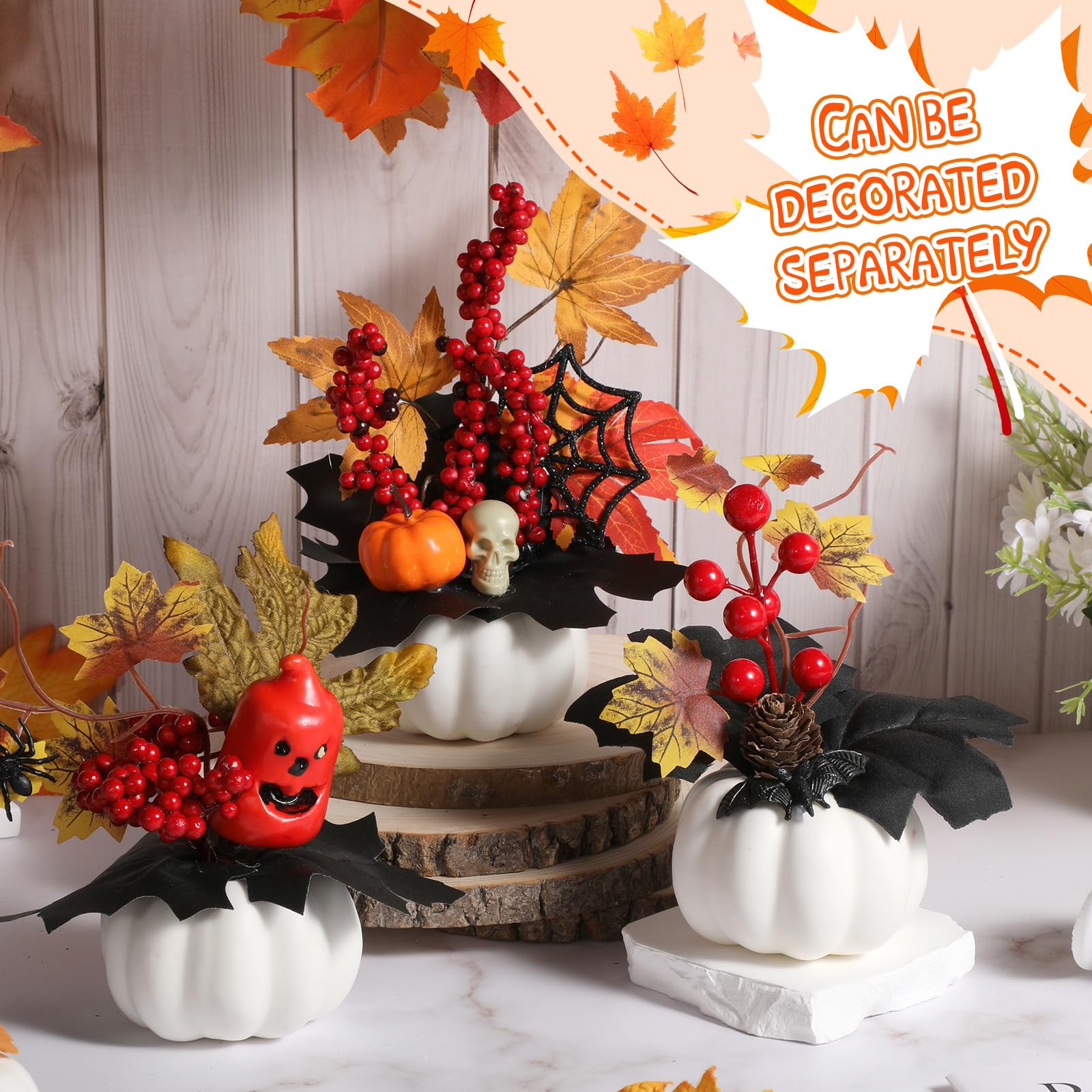 Yalikop Juego de 4 centros de mesa de calabaza de otoño con mini bandeja de madera y luz LED para cosecha, decoración del hogar, cocina, fiesta de Acción de Gracias, centro de mesa (blanco)