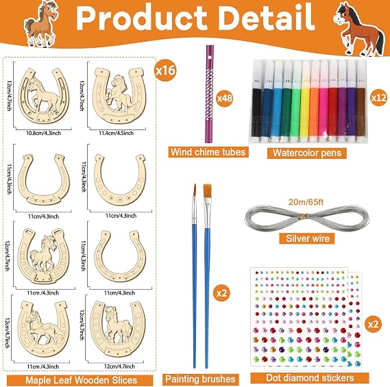 gisgfim 16 Pack Horse Crafts for Kids Wind Chime Kits Make Your Own Horseshoe Wind Chime Ornament Unfinished Wooden DIY Coloring Horse Art Craft for School Home Hanging Decor Birthday Supply Favor