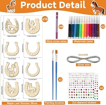 gisgfim 16 Pack Horse Crafts for Kids Wind Chime Kits Make Your Own Horseshoe Wind Chime Ornament Unfinished Wooden DIY Coloring Horse Art Craft for School Home Hanging Decor Birthday Supply Favor
