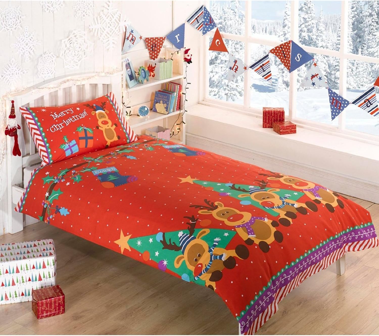 Rudolph Reindeer Christmas Kids Presents Stars Quilt Duvet Cover and 2 Pillowcase Bedding Bed Set, Red, Double