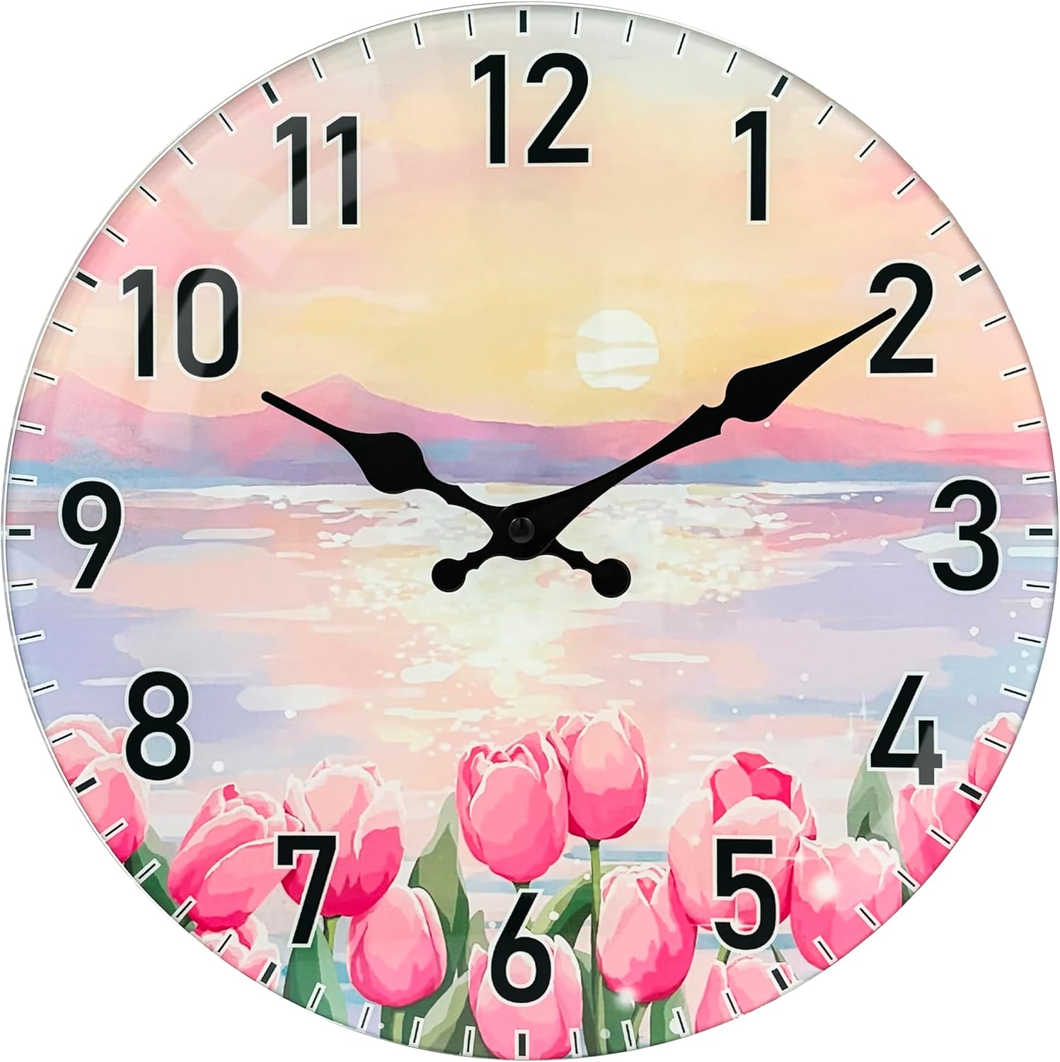 12-Inch Spring Tulip Sunset Wall Clock, Silent Non-Ticking Battery Clock with Pr…