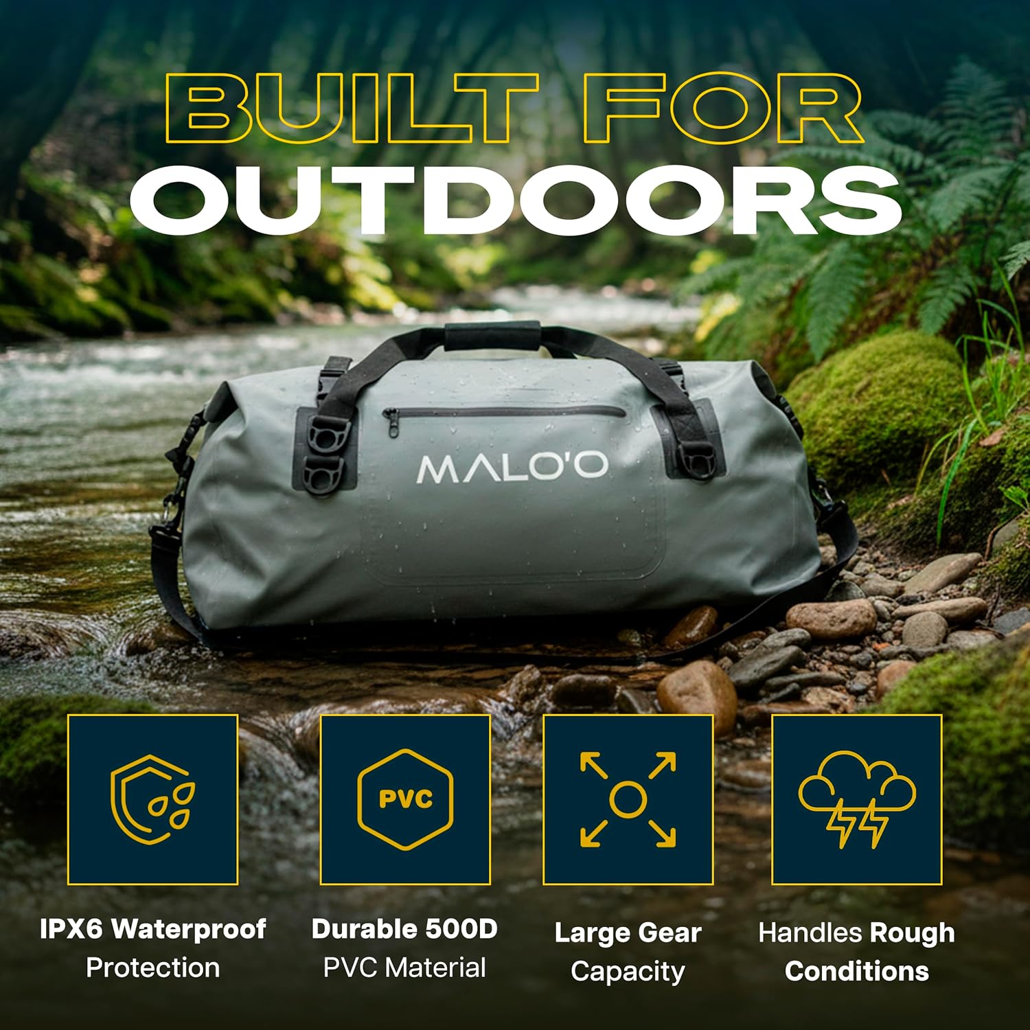 Malo’o Waterproof Dry Duffel, Heavy-Duty Roll Top Waterproof Gear Bag with Shoulder Strap & Molle Loops, Marine Duffel for Kayaking, Boating, Camping, Beach & Travel, Grey, 60L - Image 2