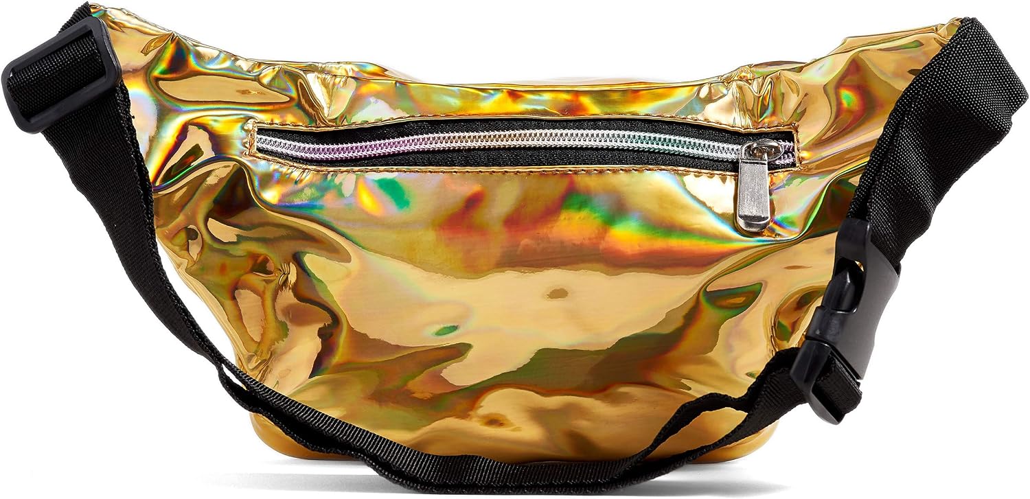 80s Holographic Rave Gold Fanny Pack For Festival Women Girls Cute Fashion Waist Bag Belt Bags (Gold)