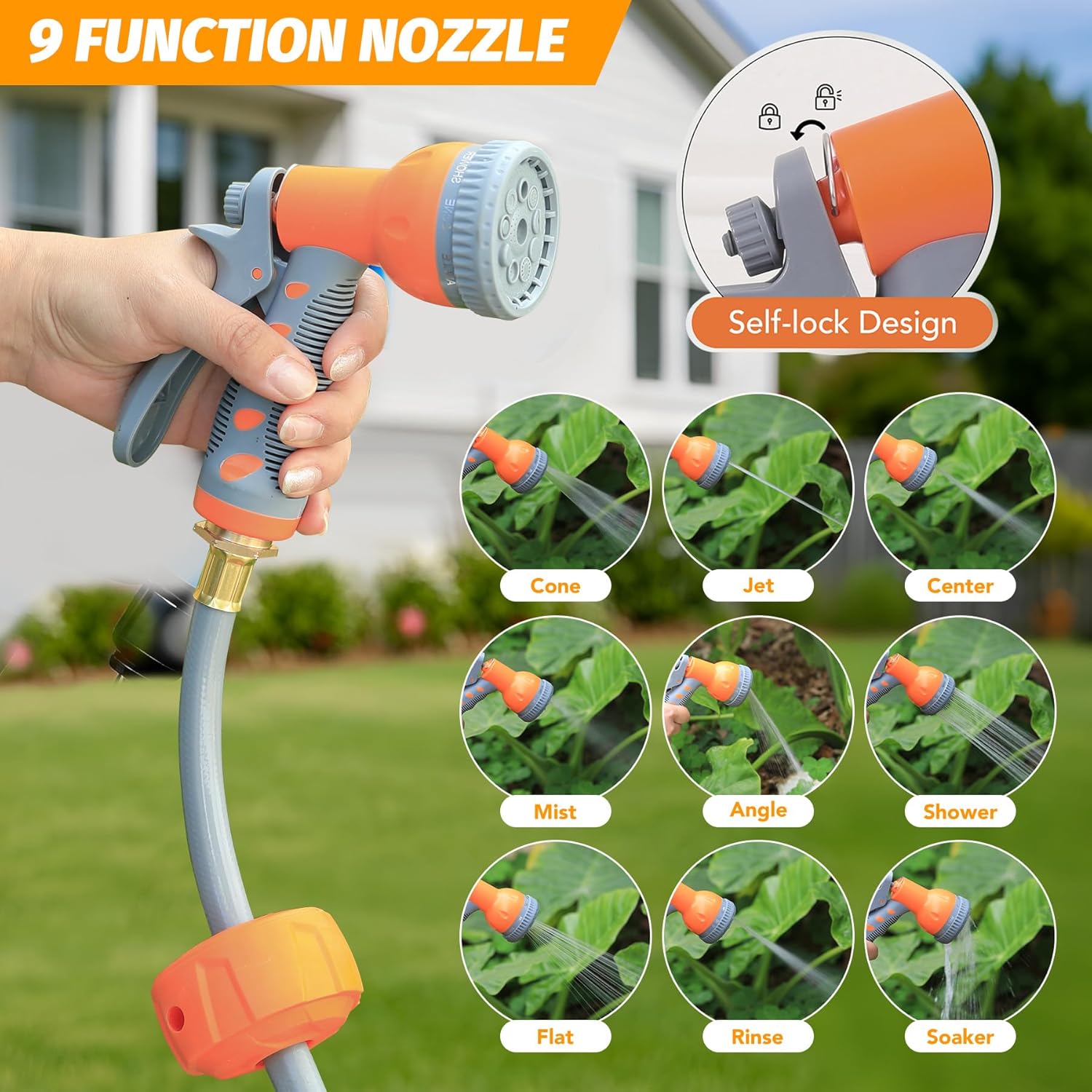 Retractable Garden Hose Reel, 5/8 In x 100 Ft With 9 Function Sprayer Nozzle, Any Length Lock, Automatic Rewind and Slow Return System, Wall Mounted and 180 Deg Swivel Bracket