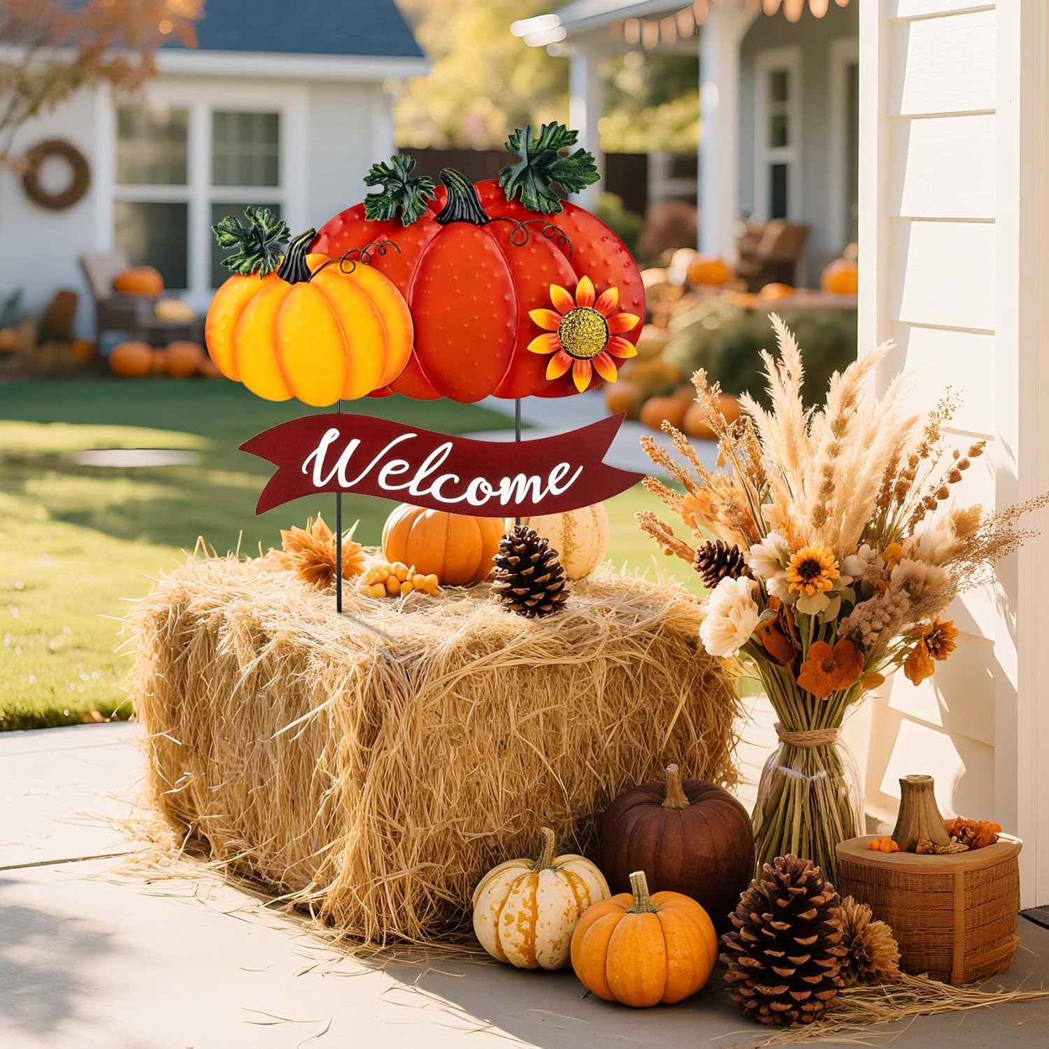 Fall Decorations for Home Outdoor - 21.2" Metal Pumpkin Yard Stakes with 2-Pumpkin Welcome Sign & Glitter Sunflower - Decorative Garden Stakes for Outside Garden Yard Lawn Patio Porch Decor