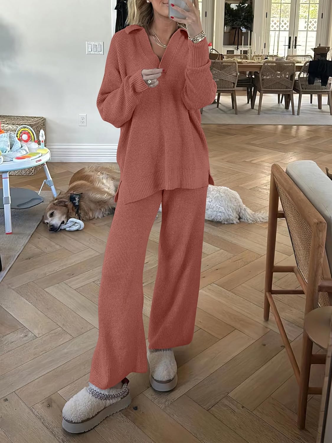 ANRABESS Women Two Piece Outfits Sweater Sets Lounge Waffle Knit Pullover Matching Wide Leg Pants Tracksuit 2025 Fall Fashion - Image 5