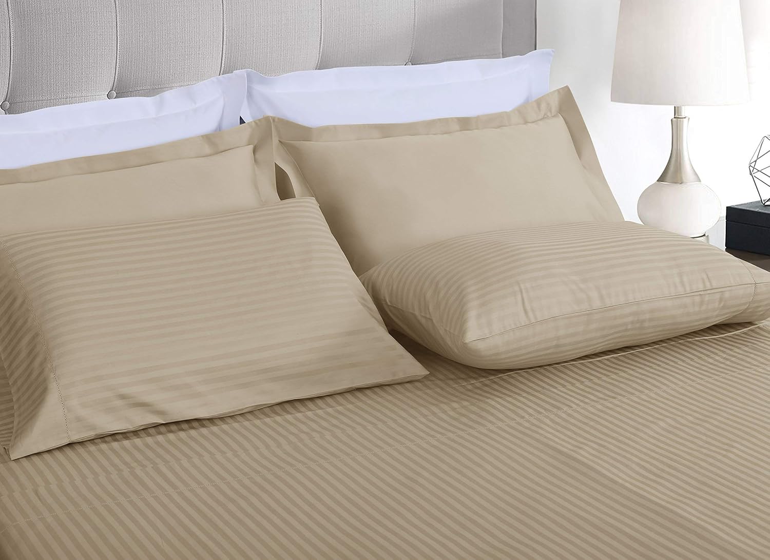Threadmill 100% Cotton Sheets for Full Size Bed - 600 Thread Count Full Bed Sheets Set with 16” Deep Pocket - Damask Stripe Sateen Weave 4-Piece Bedding Set with Cooling Effect, Beige - Image 2