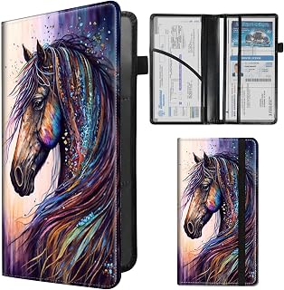 Car Registration and Insurance Holder,Leather Insurance License and Registration Card Holder for Car Glove Box, Auto Truck Document Holder Organizer for Men Women-Colorful Horse oil painting