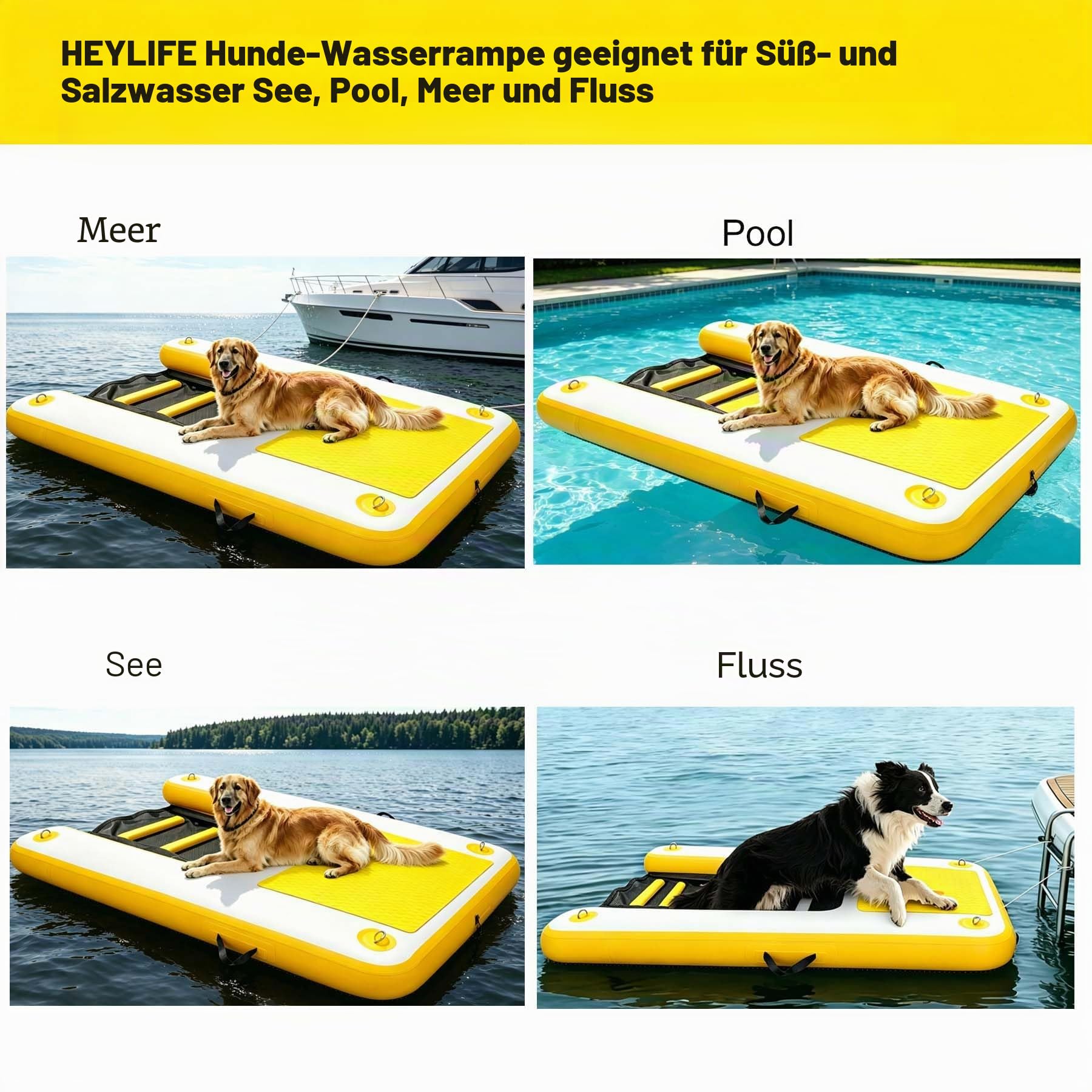 HEYLIFE Aufblasbare Hunde Wasserrampe bis 82 kg Schwimmend Pool See Gelb | Hunderampen UV & Salzwasserfest 120×90×10 (cm) Rutschfeste kratzfeste EVA-Auflage Doppelhub-Handpumpe & Zubehörset