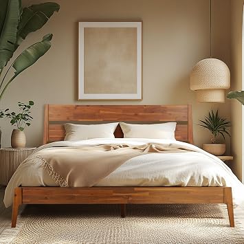 Acacia Callisto King Bed Frame with Headboard Solid Wood Platform Bed, 800 lbs Capacity Bed Frame, Contemporary Signature Wood Bed Compatible with All Mattress Types, Walnut Finish