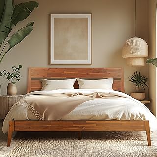 Acacia Callisto King Bed Frame with Headboard Solid Wood Platform Bed, 800 lbs Capacity Bed Frame, Contemporary Signature Wood Bed Compatible with All Mattress Types, Non-Slip and Noise-Free, Walnut