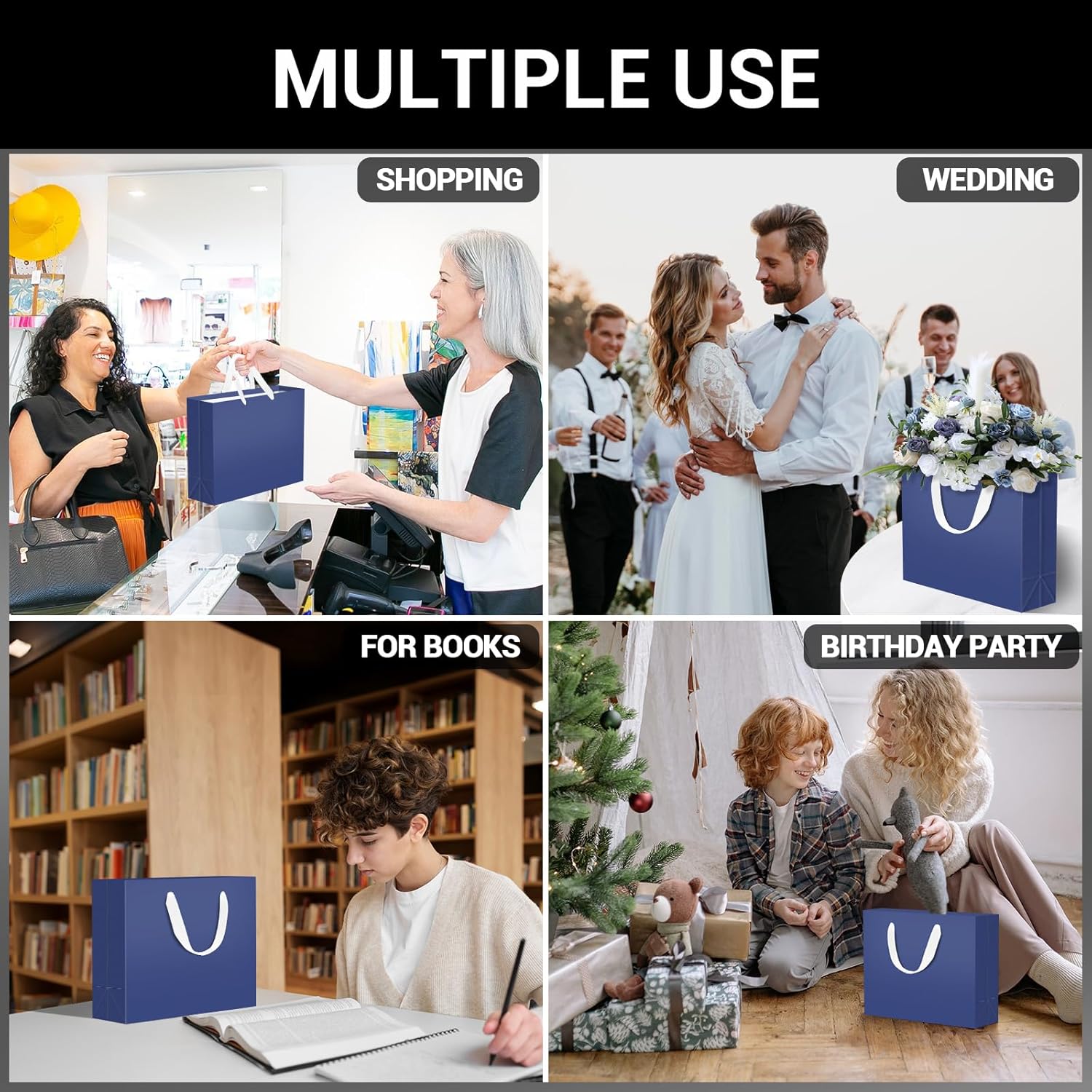 EUSOAR Blue Paper Bags With Handles, 20 pack 10.6"x3.1"x8.3" Kraft Paper Shopping Bag Bulk, Handled Paper Bags, Heavy Duty Sturdy Kraft Gift Package Craft Party Bag