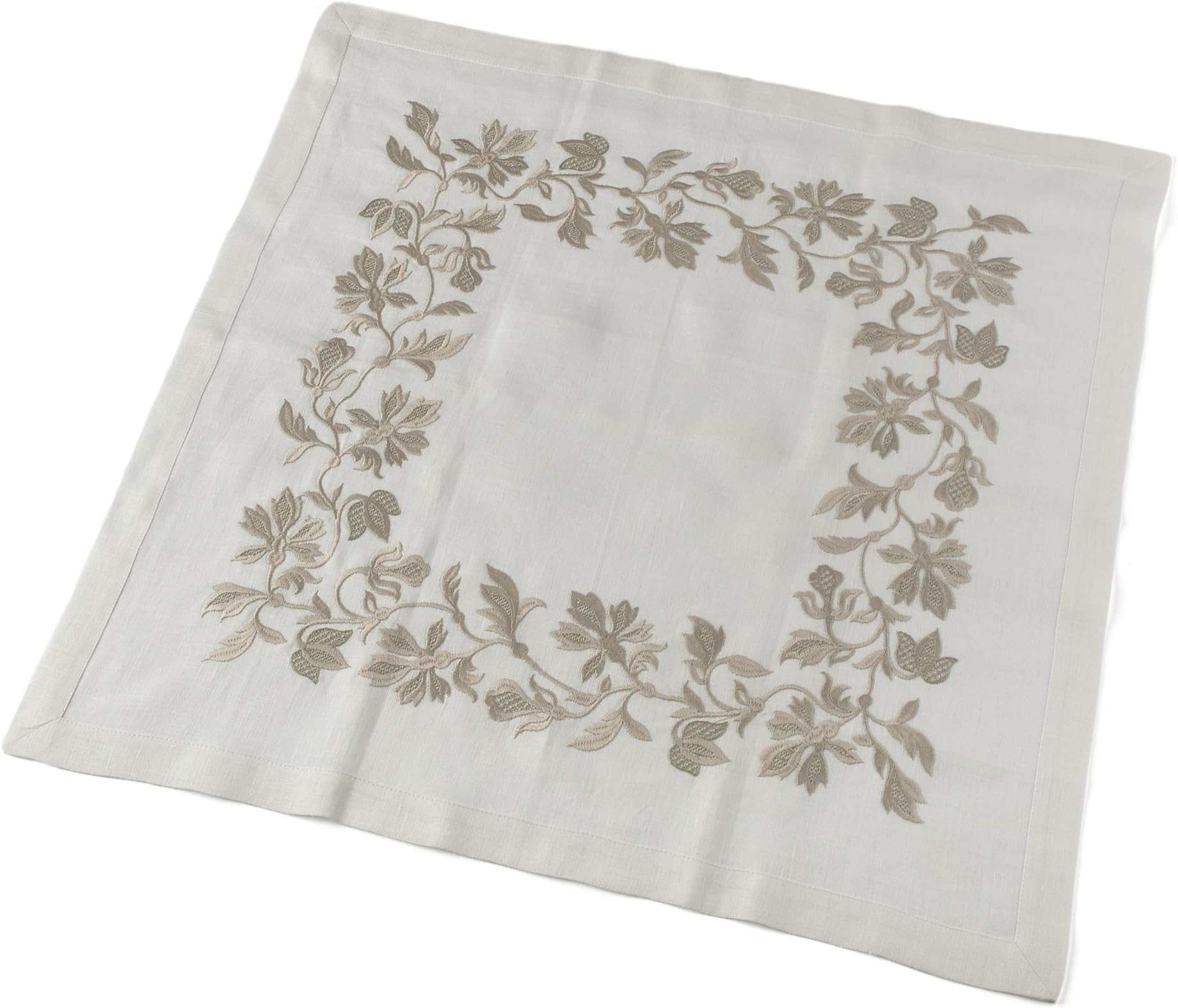 Small Embroidered Square Tablecloth Topper —26x26 or 35x35 inch — for Square, Rectangular or Round Tables — 100% Pure European Flax Linen, Grace, White