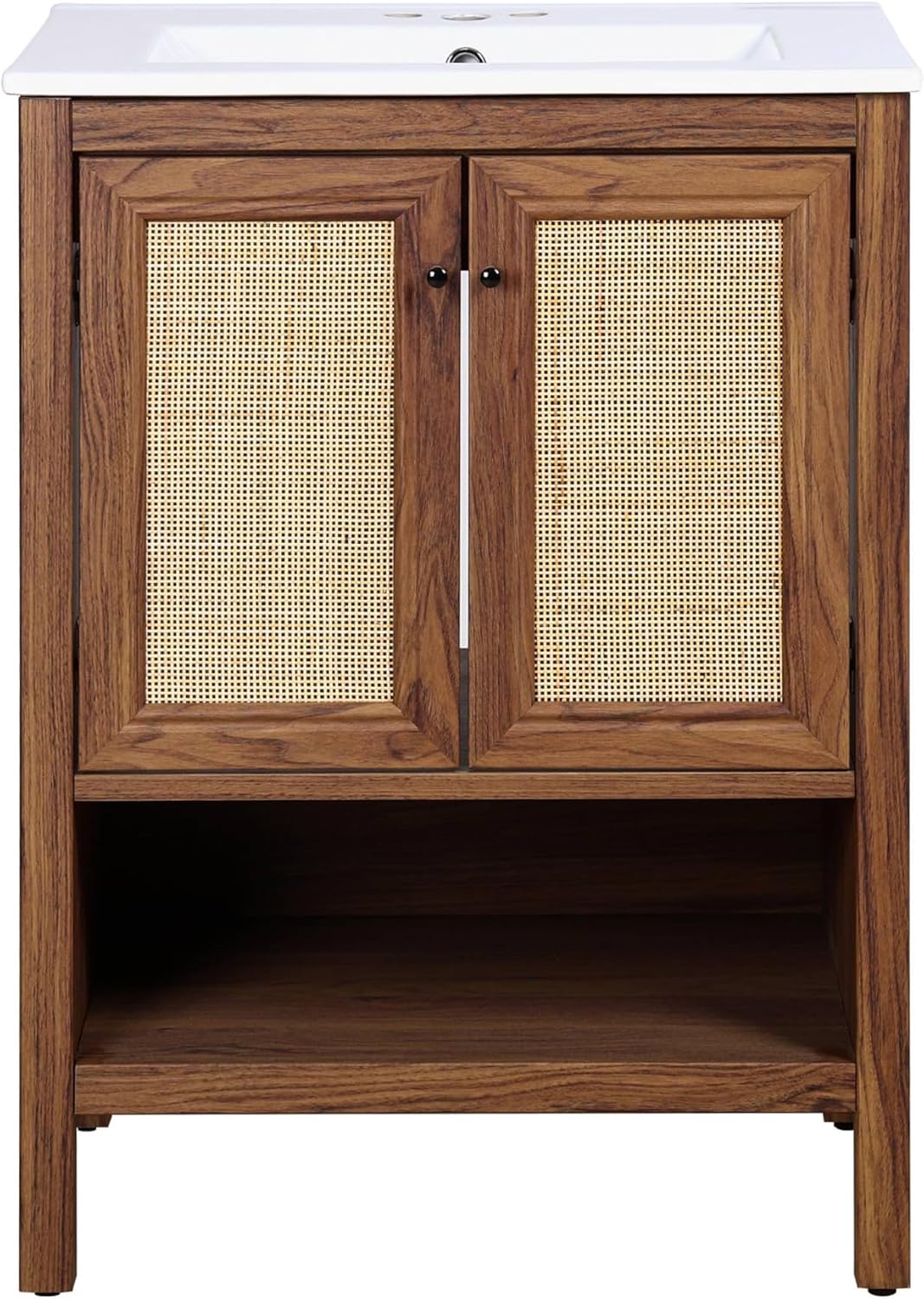 JONATHAN Y Jasper Walnut 24 in. W x 18 in. D x 33 in. H Bathroom Vanity Cabinet with Rattan Soft-Close Doors and Storage Shelf, Freestanding Coastal Storage, Sink Basin not Included VAN1023B