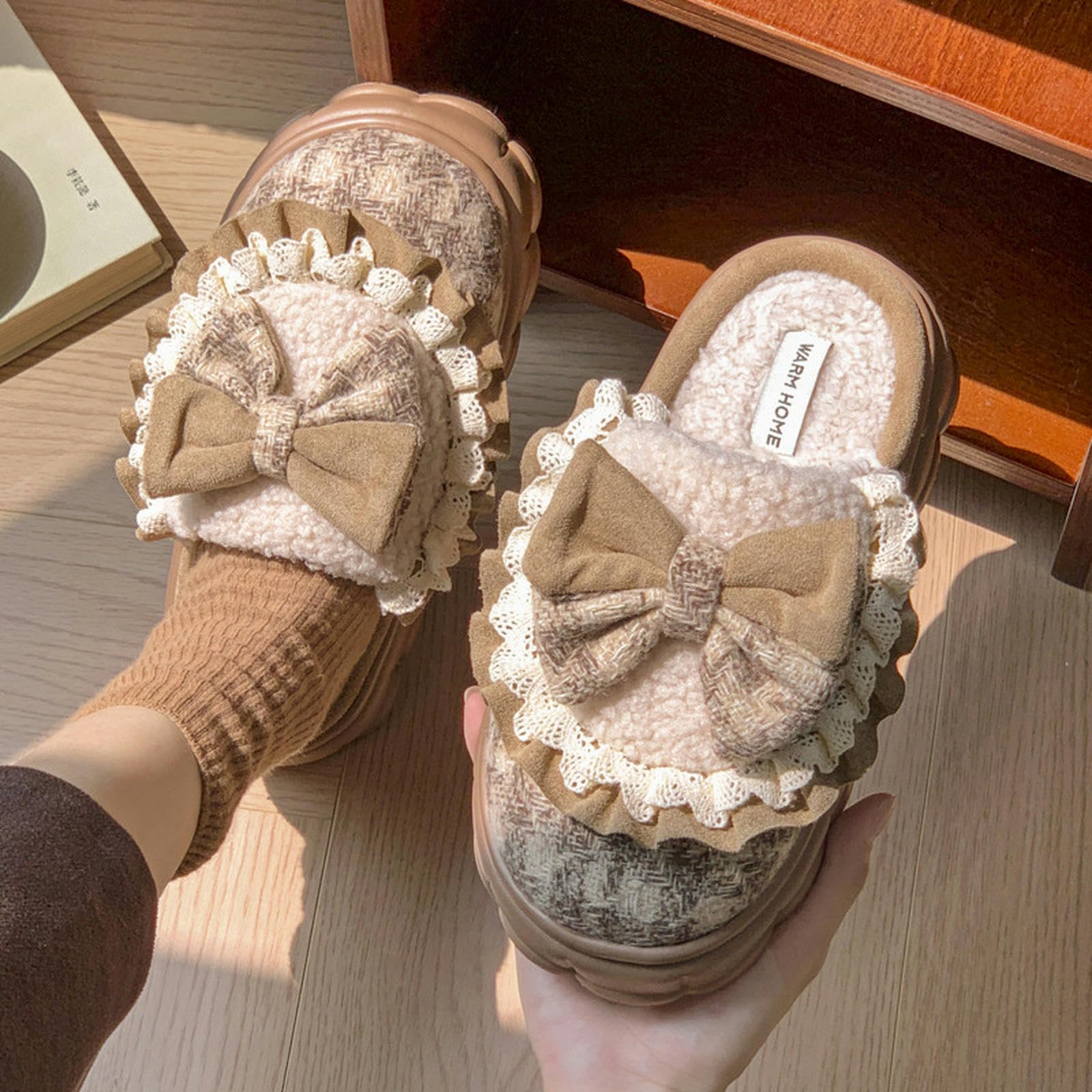 Pantofole Slifori di Cotone Bowknot per Donne Autunno E Inverno Interno E Usura Esterna più Velluto Caldo Non Slip-Verde Scuro-36 37