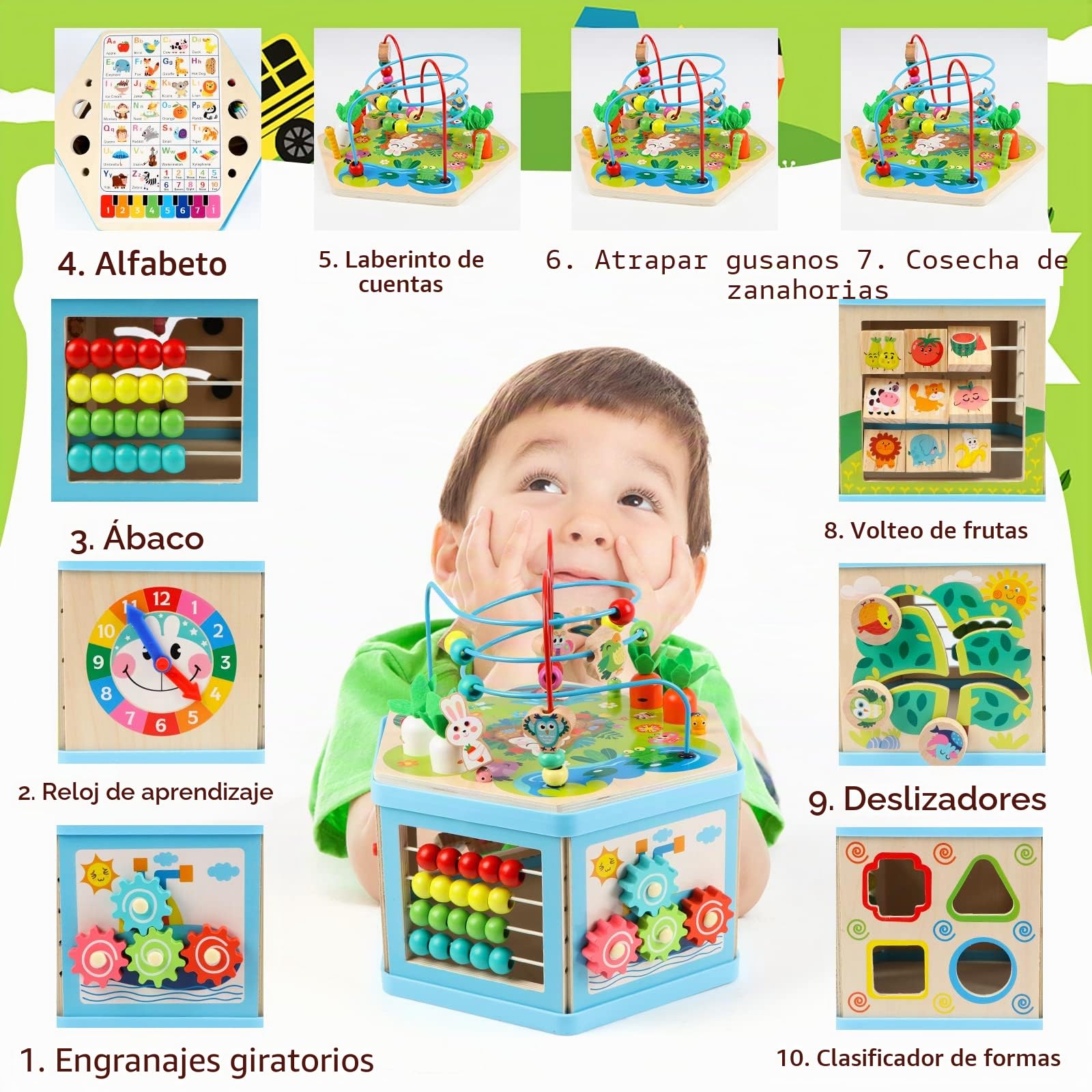Jacootoys Cubo de actividad de madera, 7 en 1, cubo de actividad motora educativa de laberinto de perlas para niños, bebés, niños y niñas