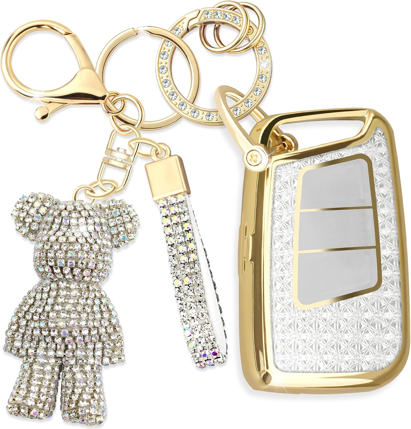 Cute Key Fob Cover with Rhinestone Bear Charm, TPU Smart Key Case for Women, Compatible with VW Atlas Taos Passat Golf Alltrack Tiguan Arteon,Skoda Kodiaq Superb A7 (3-Button,Gold White)