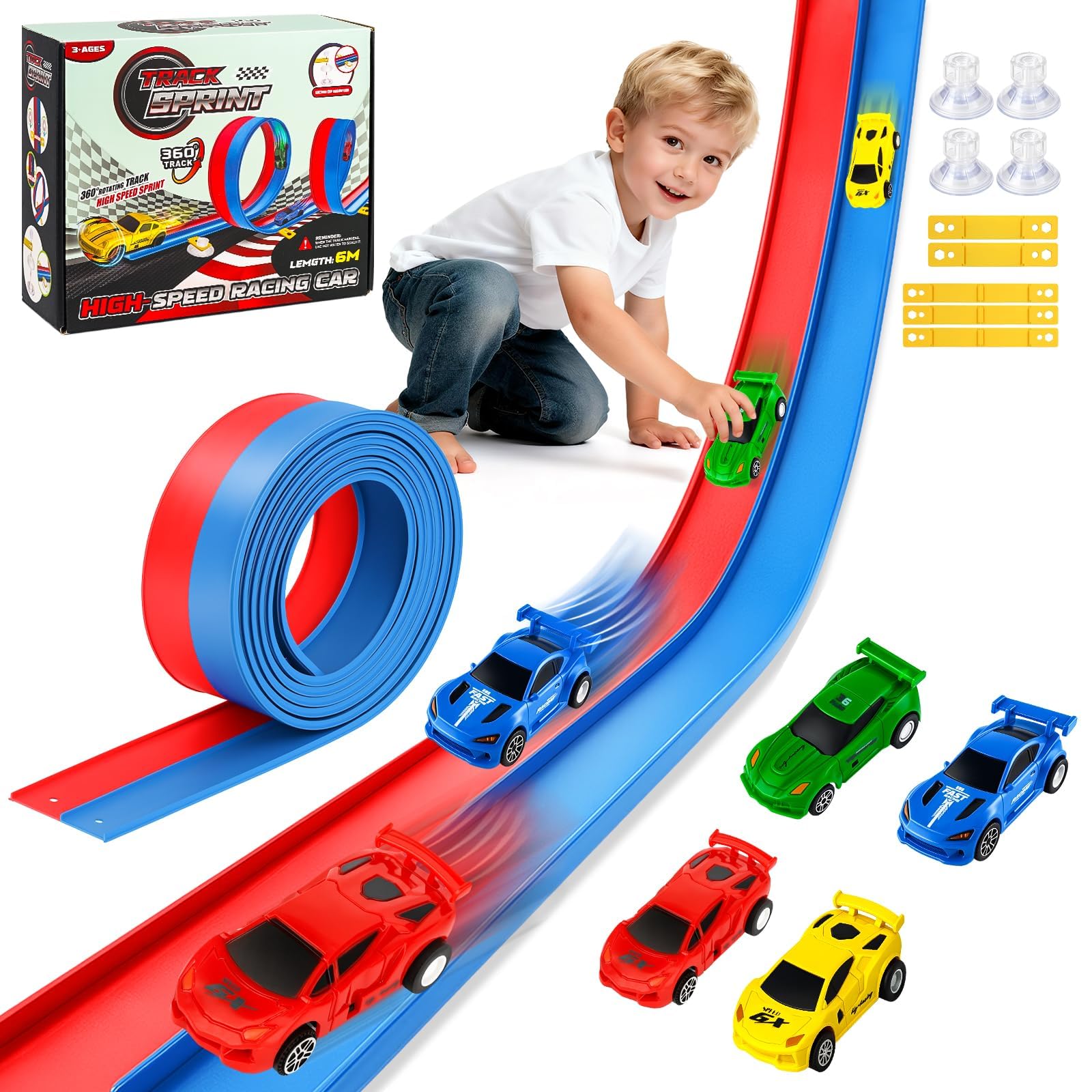 Pista Macchinine Arrotolabile 6M per Bambini 3 4 5 6 7 Anni, Giocattolo Circuito di Corse Flessibile e Portatile con 4 Auto, Compleanno Natale Regalo per Ragazzi e Ragazze, Blu e Rosso