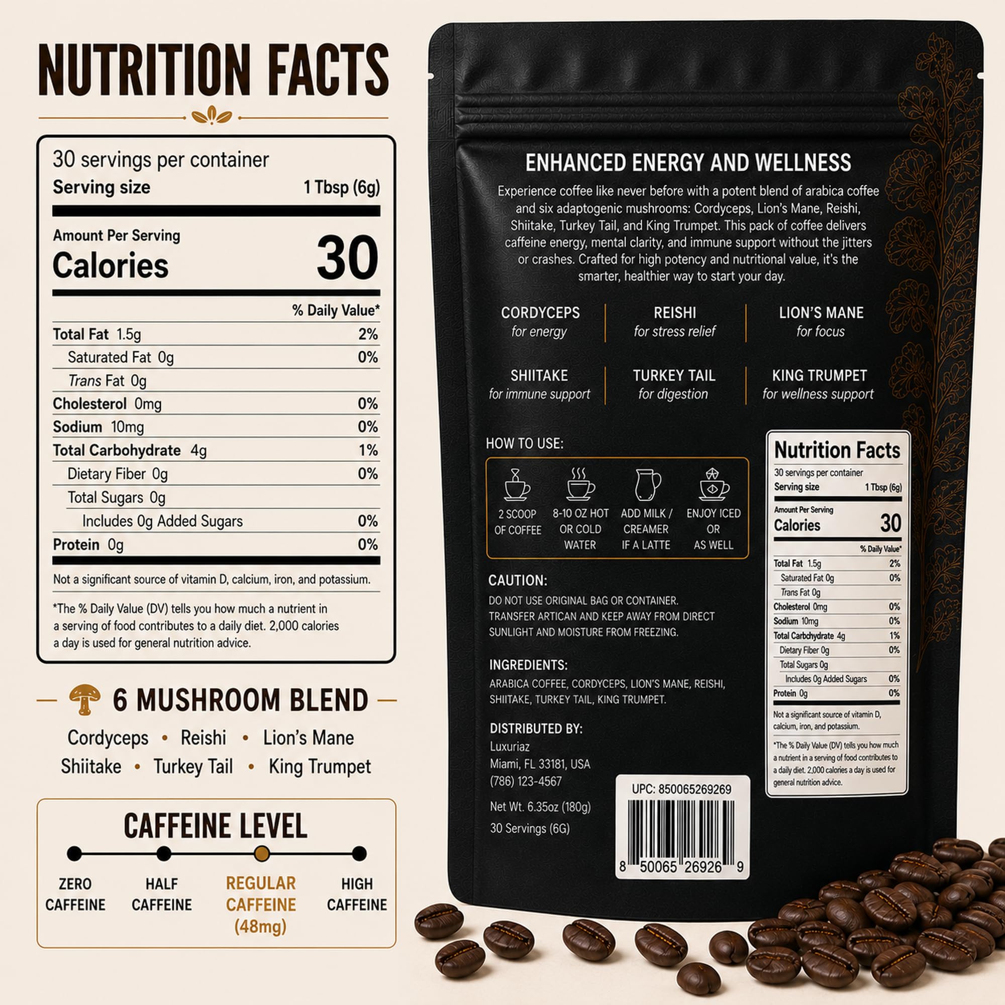 Luxuriaz Pilzkaffee, Bio 6 adaptogene Pilze (Löwenmähne, Reishi, Cordyceps, Chaga, Truthahnschwanz, Shiitake) für Immunität, Fokus und Energieunterstützung, perfekte Kaffee-Alternative, 30 Portionen