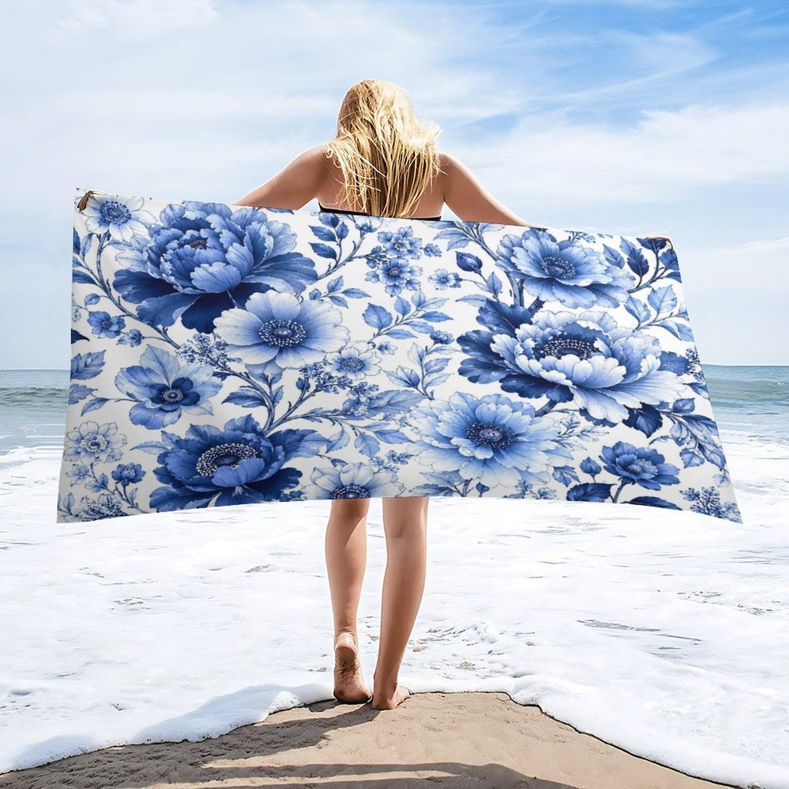 Anceky Blue Floral Beach Towel 32"×63",Soft Microfiber Bath Towel Shawl, Quick Dry Absorbent Pool Spa Gym Shower Towel