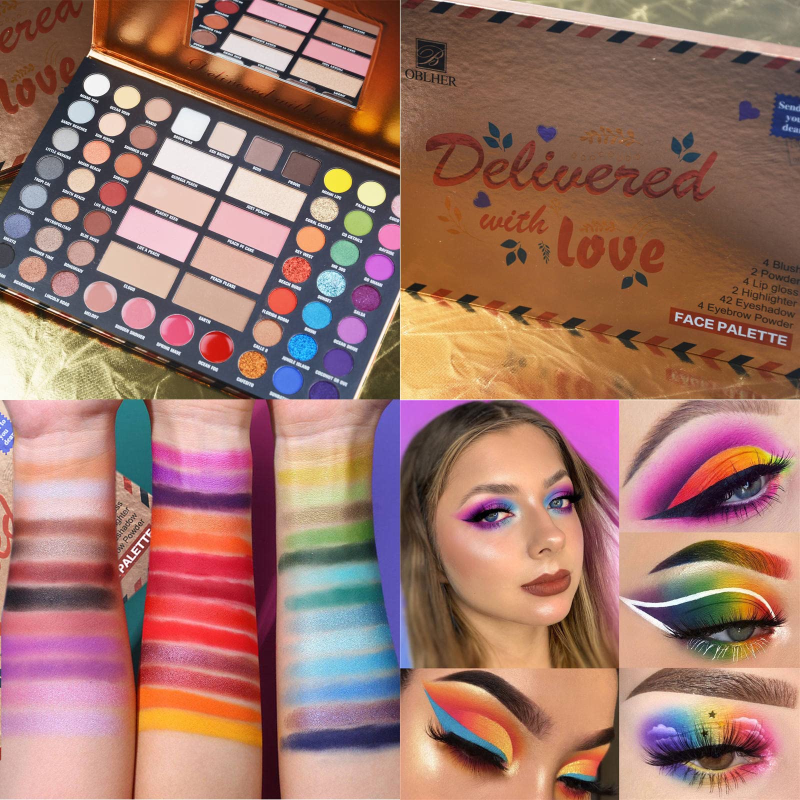 Palette di ombretti con 7 pennelli da trucco, 42 colori, impermeabile, a prova di sudore, cipria, lucidalabbra, lucidalabbra, cipria, tutto in uno, kit regalo