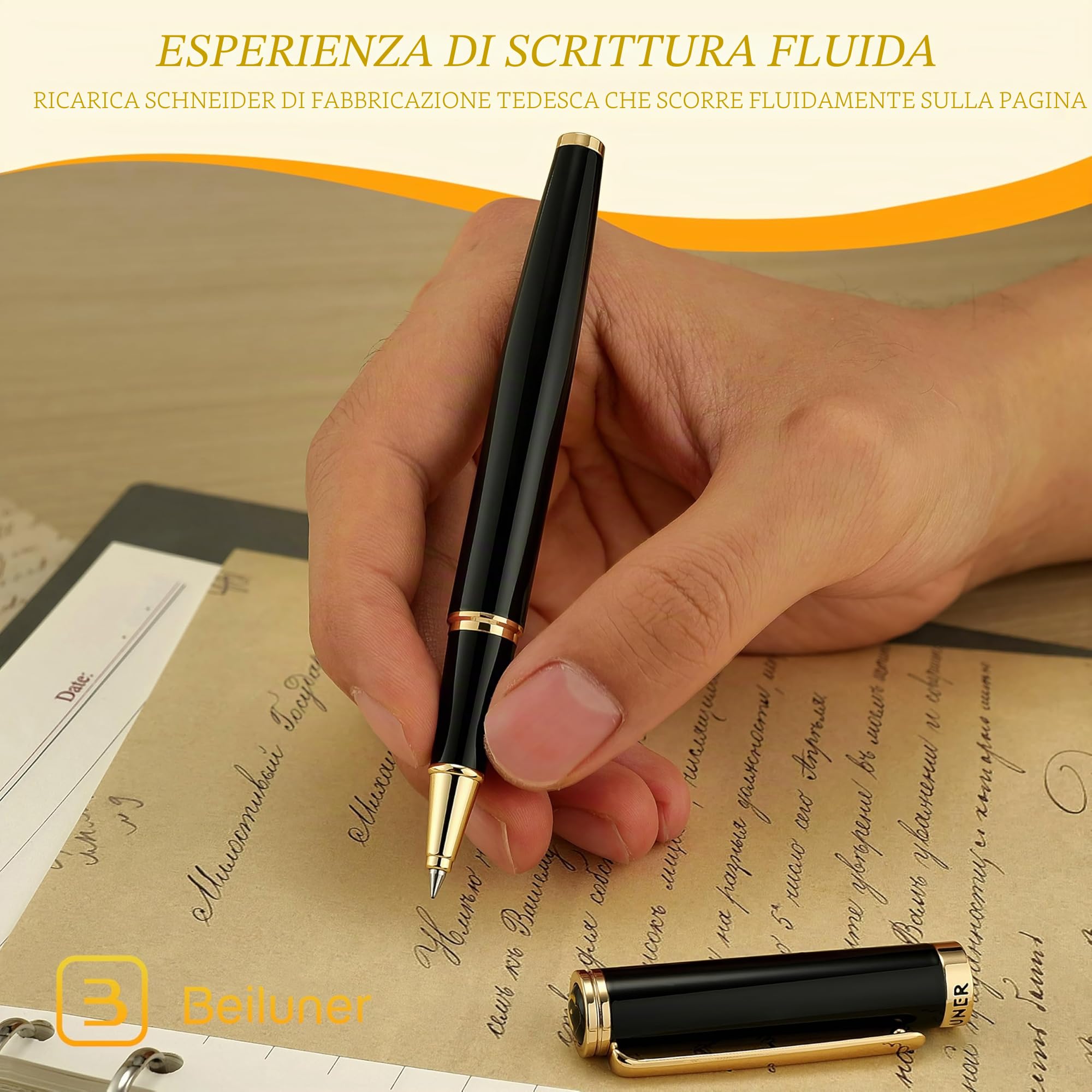 BEILUNER Penna Rollerball di Lusso Finiture Oro 24K, Design Nobili ed Eleganti, Ricambio Schneider, Set Regalo per Uomo e Donna, Professionale, Ufficio Dirigenziale - Nero & Oro