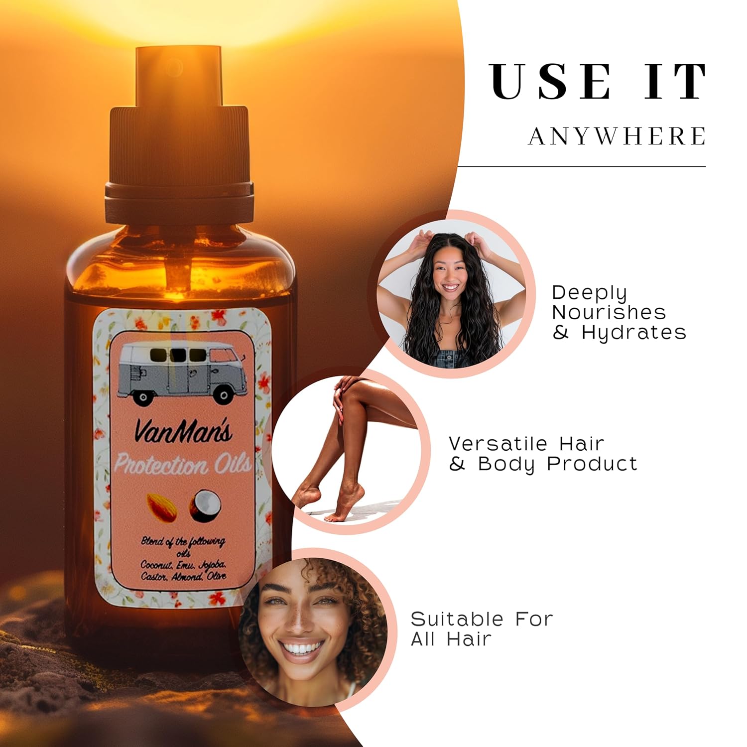 Vanman - Protection Oil Hair Serum - Infused with Castor, Jojoba, Almond, Olive, Emu, Coconut Oil - Fragrance-Free Growth Serum - For Dry and Frizzy Hair - 4 Ounce