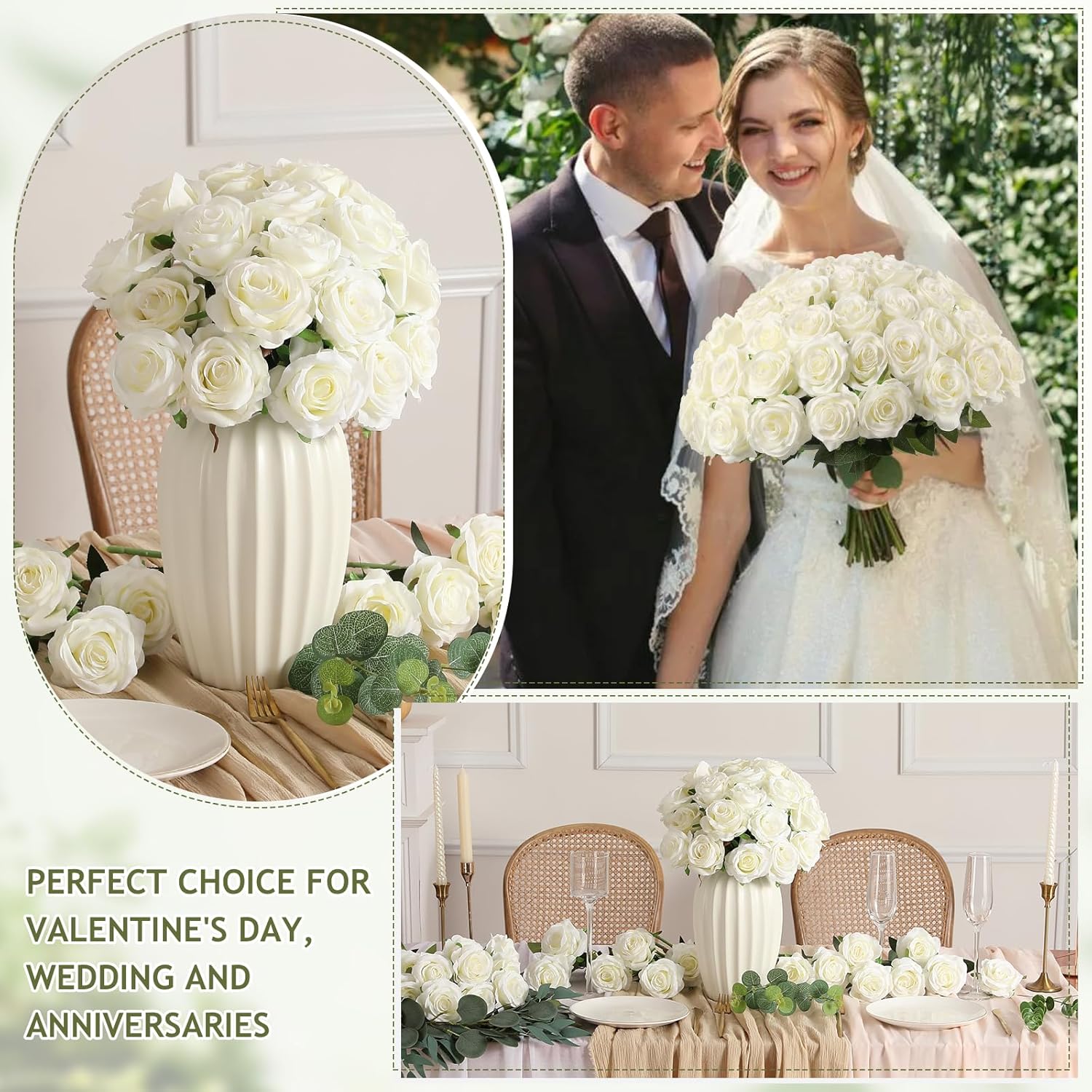 Kisflower 60 Pcs White Roses Artificial Flowers Bulk, Silk Roses with Stem Realistic White Artificial Roses for Decoration DIY Wedding Bouquet Bridal Shower Party Home Table Centerpieces Decor (White)