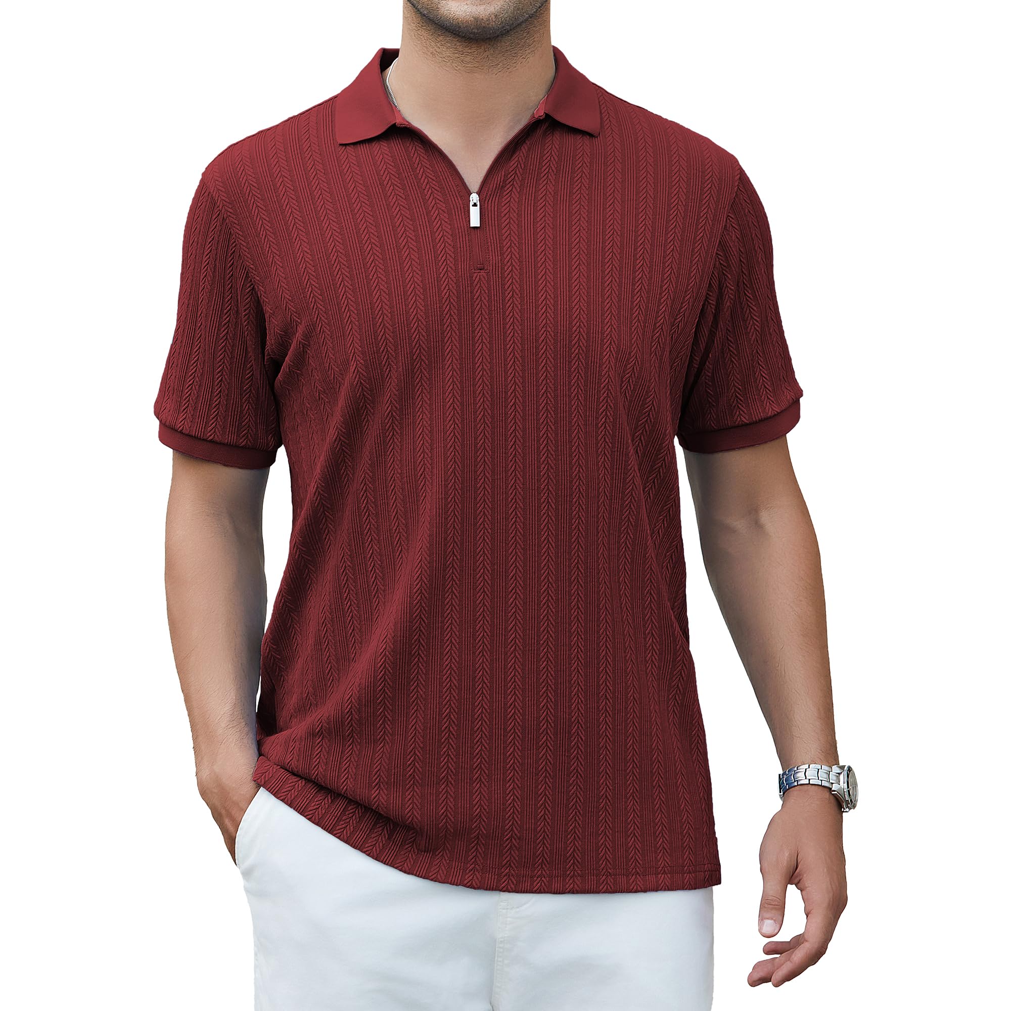 Esabel.C Men's Zipper Polo Shirts Textured Knit Short Sleeve Ribbed Stretchy Polo Shirts for Men