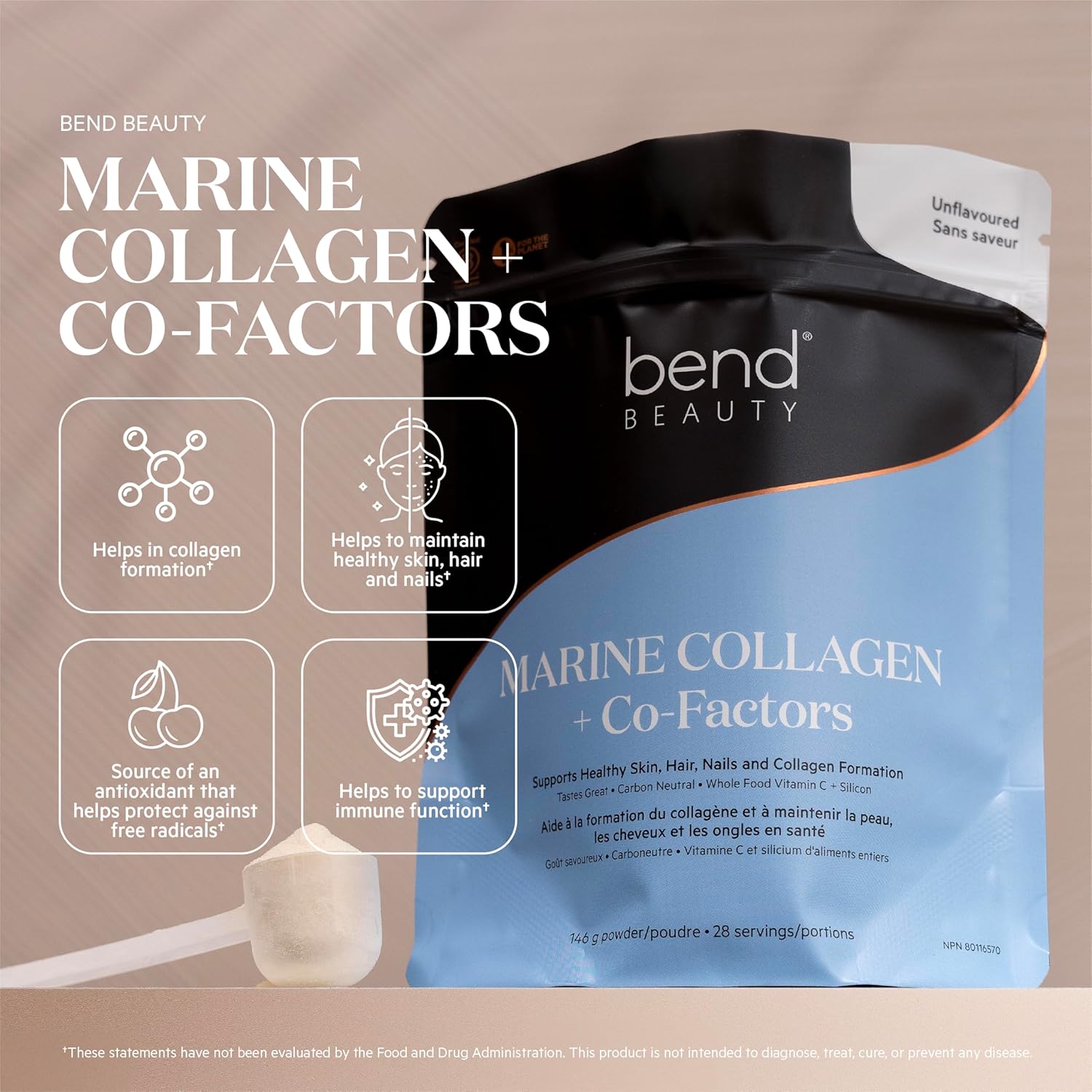 Bend Beauty Marine Collagen + Co-Factors | Unflavored Collagen Powder | Hydrolyzed Collagen Supplement | Fish Collagen Peptides + Silicon + Vitamin C | Supports Healthy Skin, Hair and Nails